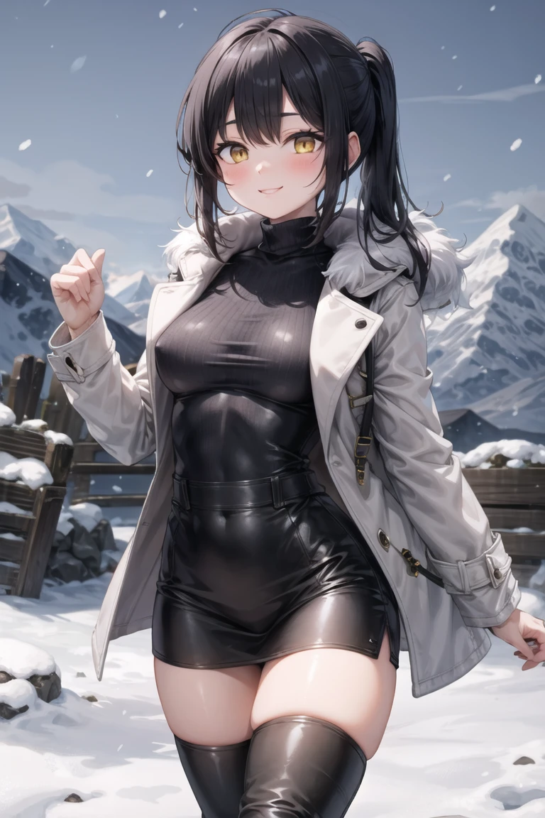 (masterpiece, best quality, beautiful and aesthetic:1.2), 1girl, solo,(soft skin:1.1),standing, cowboy shot,(detailed background), outside, snowstorm in the ice mountains, at dawn, winter clothes, (long overall coat:1.3), turtleneck sweater, (miniskirt:1.3), (long fur leggings:1.3),  (long leather boots:1.3), charming pose, seductive, smiling, yellow eyes, black hair, pony tail, 
<lora:greembang-10:0.5:lbw=ALL>