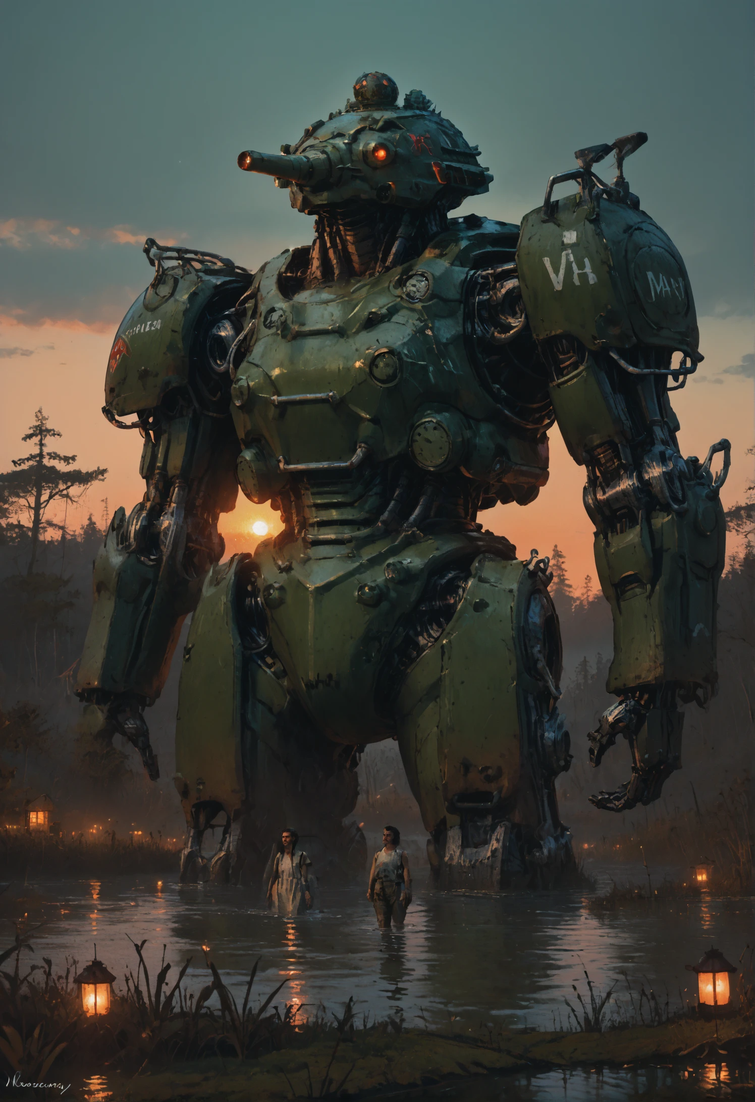 score_9, score_8_up, score_7_up,  <lora:MechaForge-000003:1> m3chaf0rge, giant, giant mech, mecha, bipedal mech, science fiction, sunset, tank, military mech, full body, legs, swamp, wetland, people,