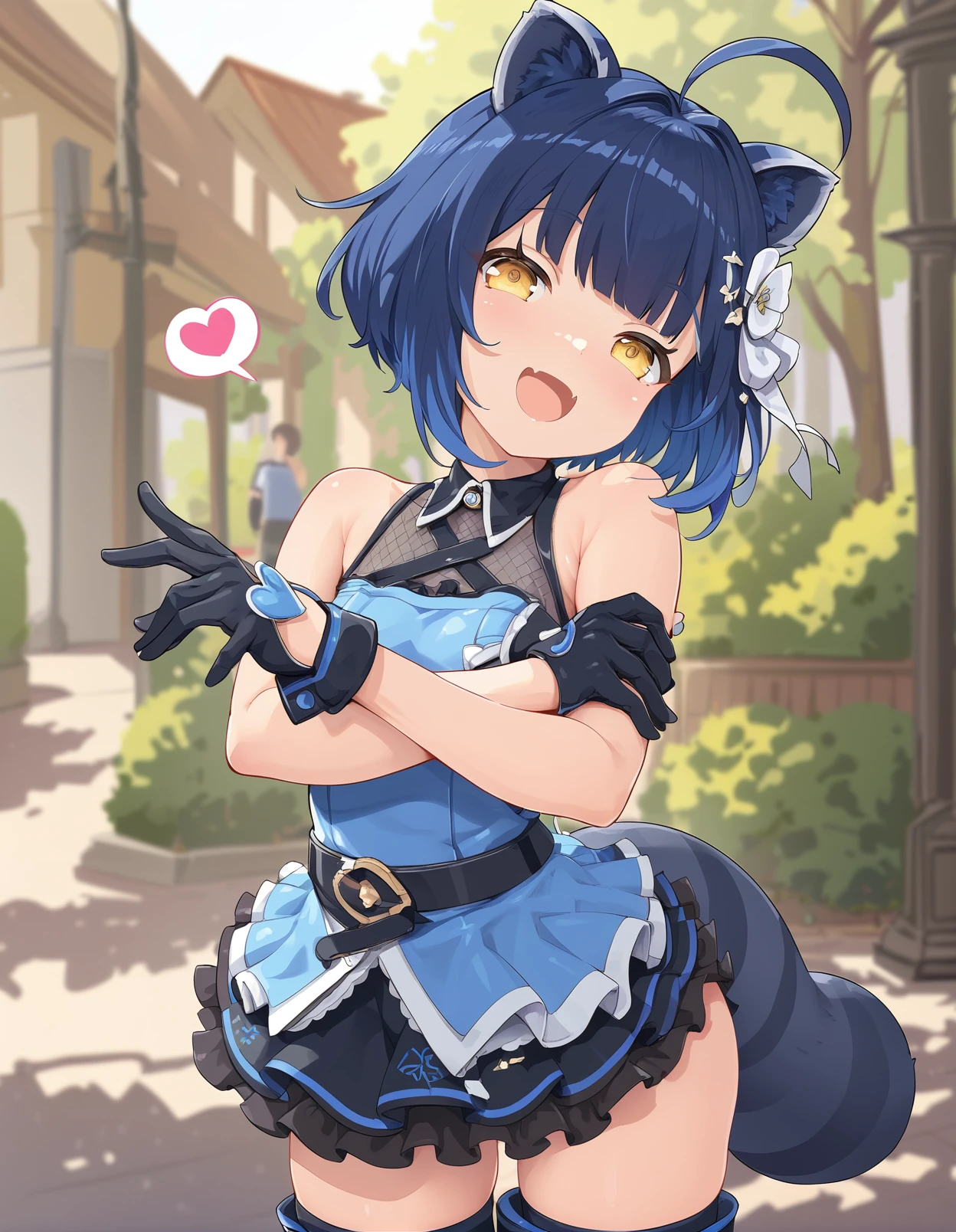 score_9, score_8_up, score_7_up,score_6_up, 1girl,  crossed fingers, dark blue hair, yellow eyes, heart ahoge, smile, open mouth, gloves, black frilled dress, short dress, stripped thighhighs, head tilt, short hair, bob cut, raccoon girl, raccon tail, animal ears, bob cut, 
<lora:yosola_style_pony6_v2-000036:1>