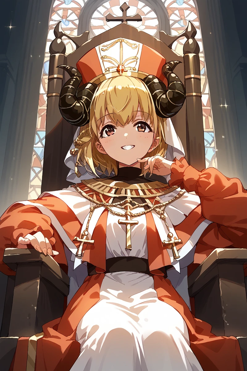 score_9, score_8_up, score_7_up, score_6_up, 1girl,
 <lora:Michiru_Otori:0.9> michiru, blonde hair, horns, solo, smile, hat, throne, dress, long sleeves, brown eyes, bishop