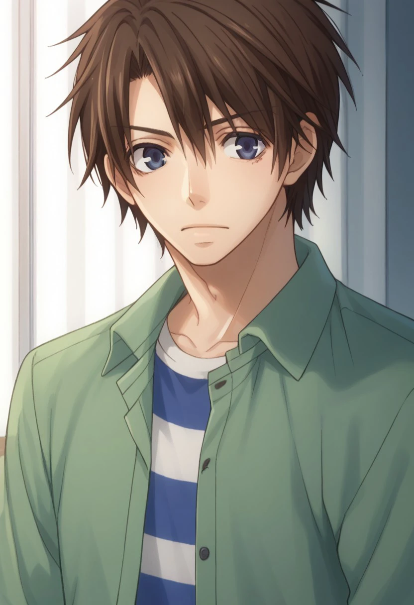 score_9, score_8_up, score_7_up, source_anime, highly detailed, 
chiaki, 1boy, male focus, solo, brown hair, blue eyes, shirt, striped shirt, striped, upper body,