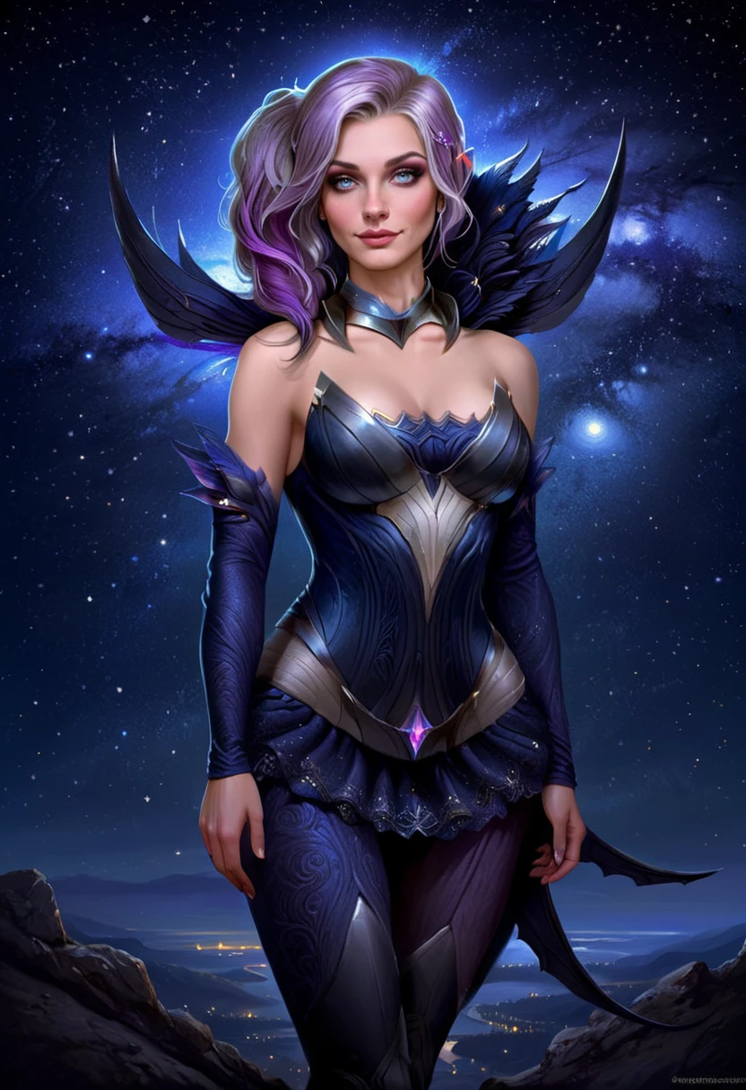 fantasy concept art of Darklux, full body, extremely beautiful, high quality, intricate details, beautiful eyes, starry night background <lora:Elementalist_Lux_Dark_-_SDXL:1>