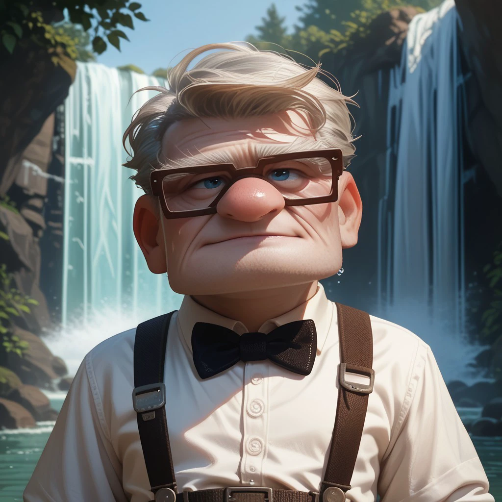 score_9, score_8_up, score_7_up, score_6_up, score_5_up, score_4_up, 1boy, CarlFred, waterfall, portrait, suspenders, bowtie, solo