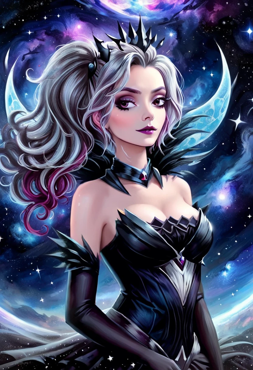 darklux, waist up, in a wonderful universe, beautiful highly detailed art, complex cinematic background, digital painting, Tim Burton art style <lora:Elementalist_Lux_Dark_-_SDXL:1>