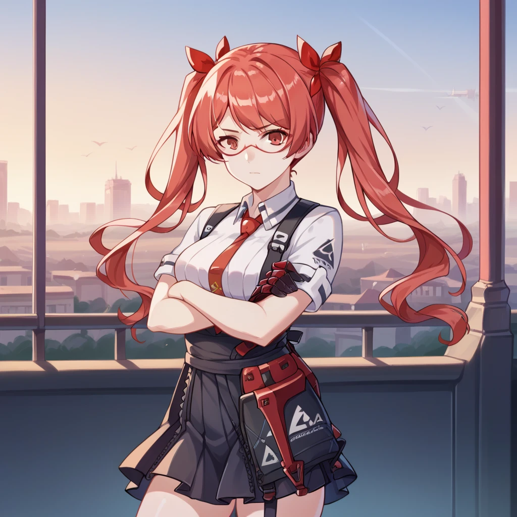 score_9_up, score_8_up, score_7_up, source_anime, masterpiece, best quality, 1girl, solo, Tesla, Tes_EVA, on rooftop, standing, crossed arms, confused, looking at you, twintails, single mechanical arm, red glasses, red-framed eyewear, red hair, collared shirt, white shirt, pleated skirt, short sleeves, suspenders, black skirt, red necktie, black gloves, mismatched gloves, black thighhighs, thighs, thigh boots, hair ribbon, red ribbon, mature body, dynamic cowboy shot, indoors, cityscape background