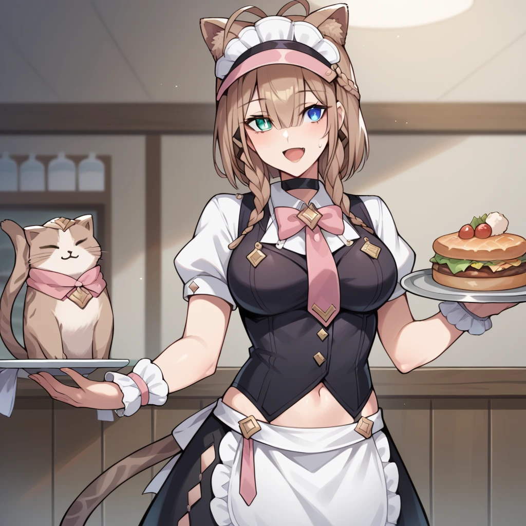 score_9_up, score_8_up, score_7_up, source_anime, masterpiece, best quality, 1girl, solo, Pardofelis, Pardo_Maid, walking, knee up, holding tray, food, crowd, looking to side, sweat drop, excited smile, open mouth, hair between eyes, brown hair, cat tail, heterochromia, cat girl, twin braids, animal ears fluff, white shirt, black vest, midriff, maid headdress, pink necktie, pink bow, high ponytail, visor cap, frilled wrist cuffs, belt, black skirt, apron, puffy short sleeves, choker, mature body, dynamic cowboy shot, indoors, cafe background