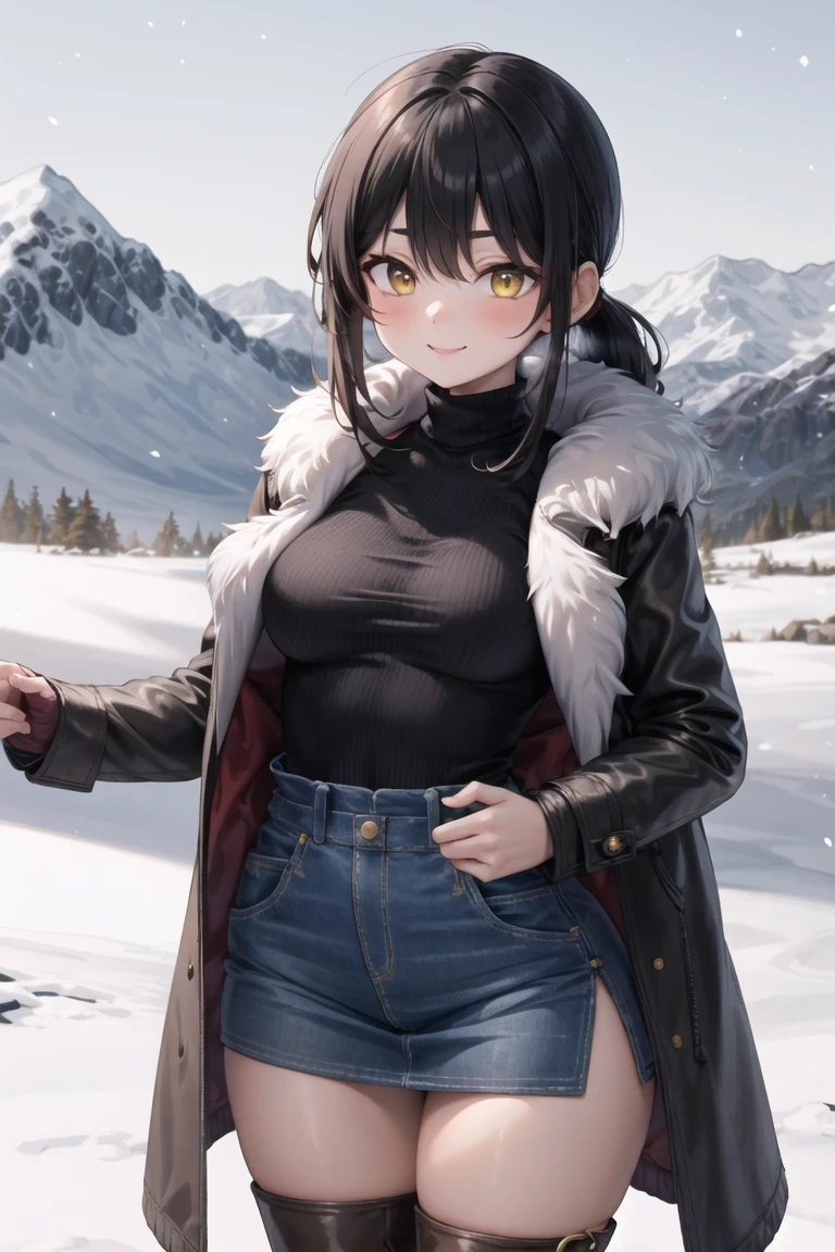 (masterpiece, best quality, beautiful and aesthetic:1.2), 1girl, solo,(soft skin:1.1),standing, cowboy shot,(detailed background), outside, snowstorm in the ice mountains, at dawn, winter clothes, (long overall coat:1.3), turtleneck sweater, (miniskirt:1.3), (long fur leggings:1.3),  (long leather boots:1.3), charming pose, seductive, smiling, yellow eyes, black hair, pony tail, 
<lora:greembang-10:0.5:lbw=ALL>