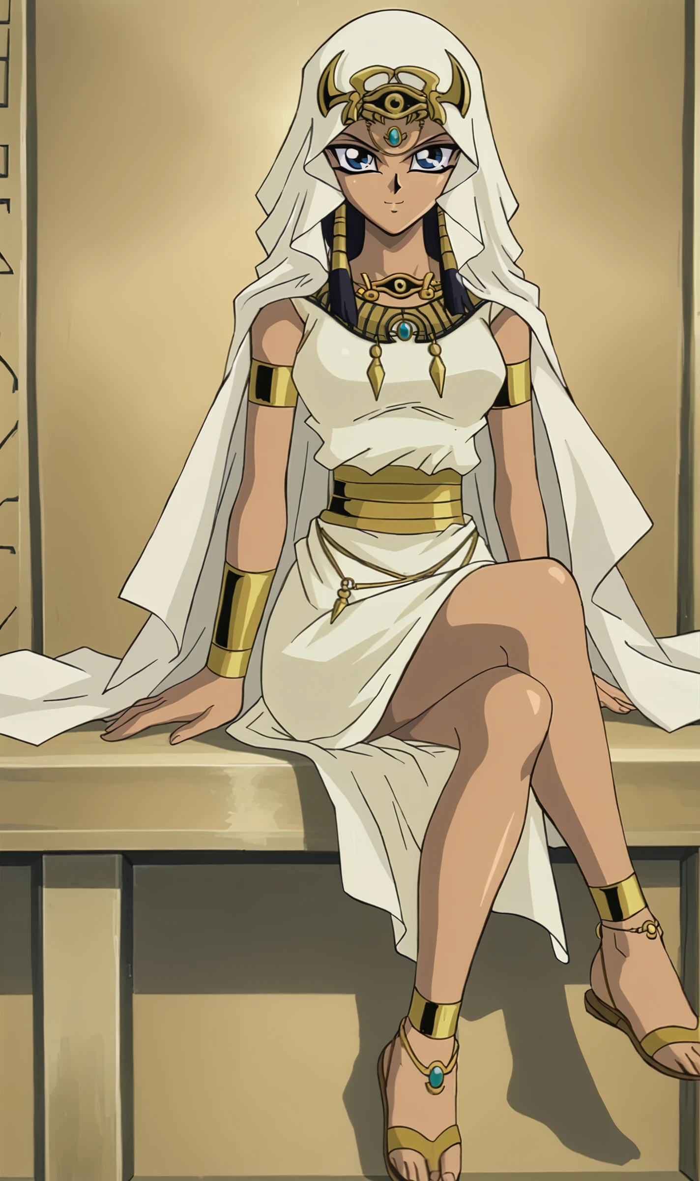 II, 1girl, solo, retro artstyle, black hair, blue eyes, hair tubes, head scarf, eye of horus headpiece, forehead jewel, eye of horus necklace, egyptian dress, armlet, anklet, sandals, full body, sitting, legs crossed, looking at viewer, smile, <lora:Ishizu Ishtar Pony XL:0.8>