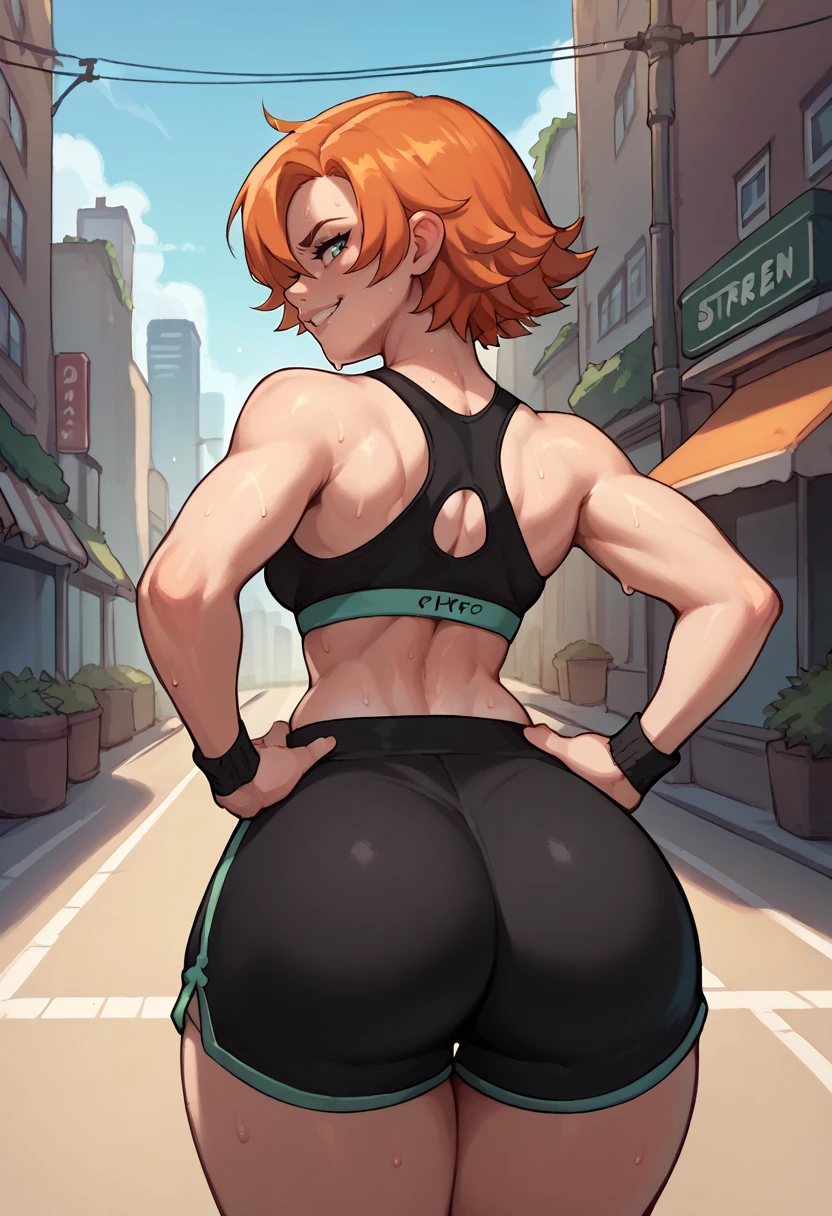 score_9, score_8_up, score_7_up, from behind, solo, 1girl, n0rarnd, sweat, smirk, looking back, hands on own hips, black sports bra, black shorts, short shorts, ass, outdoors, city street <lora:rwby_noravalkyrie_ponyXL:1>