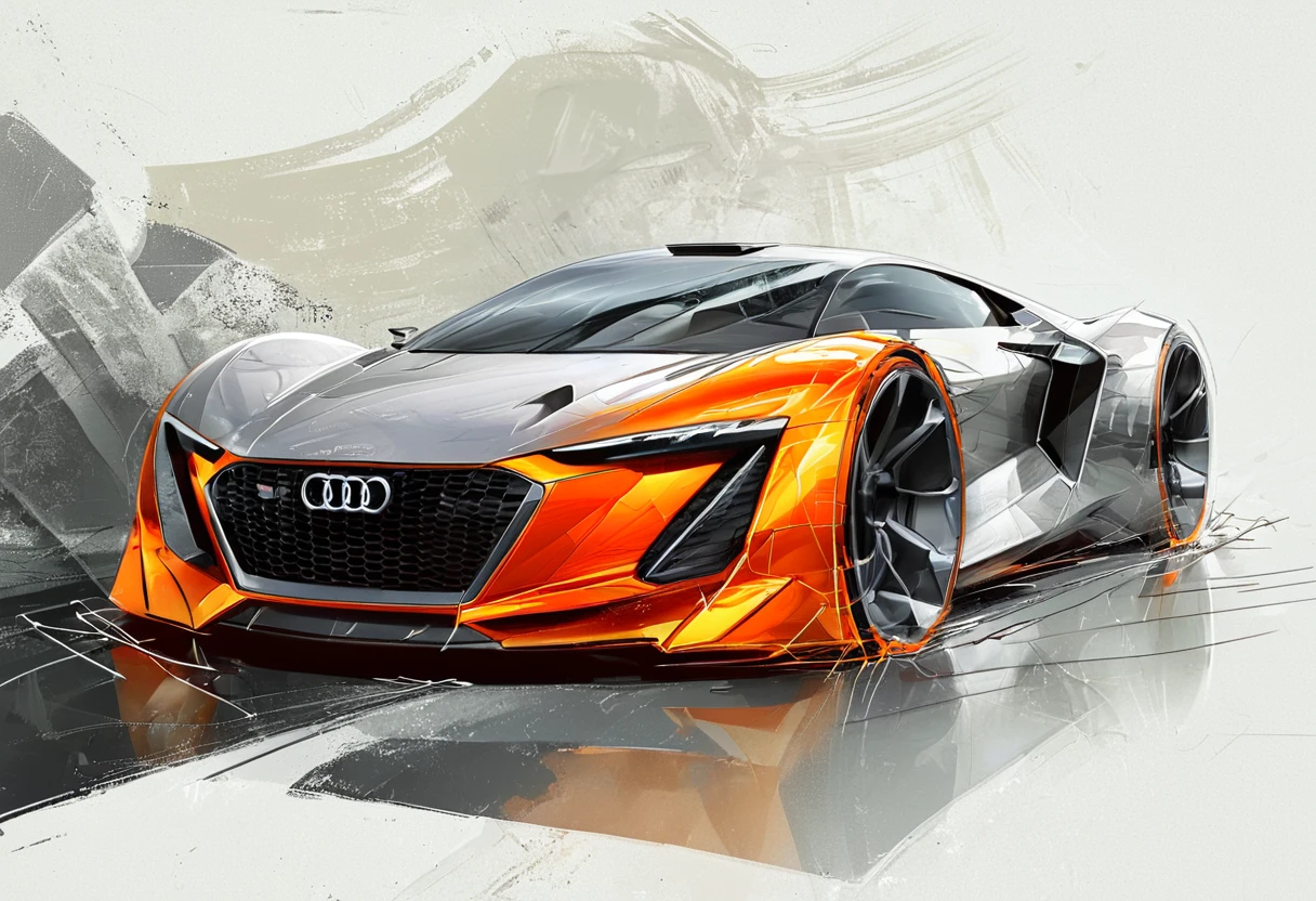 a moder futuristic Audi car, silver and orange color, rough color sketch style, concept design, rough sketch, color sketch, <lora:rough color sketch style:0.8>