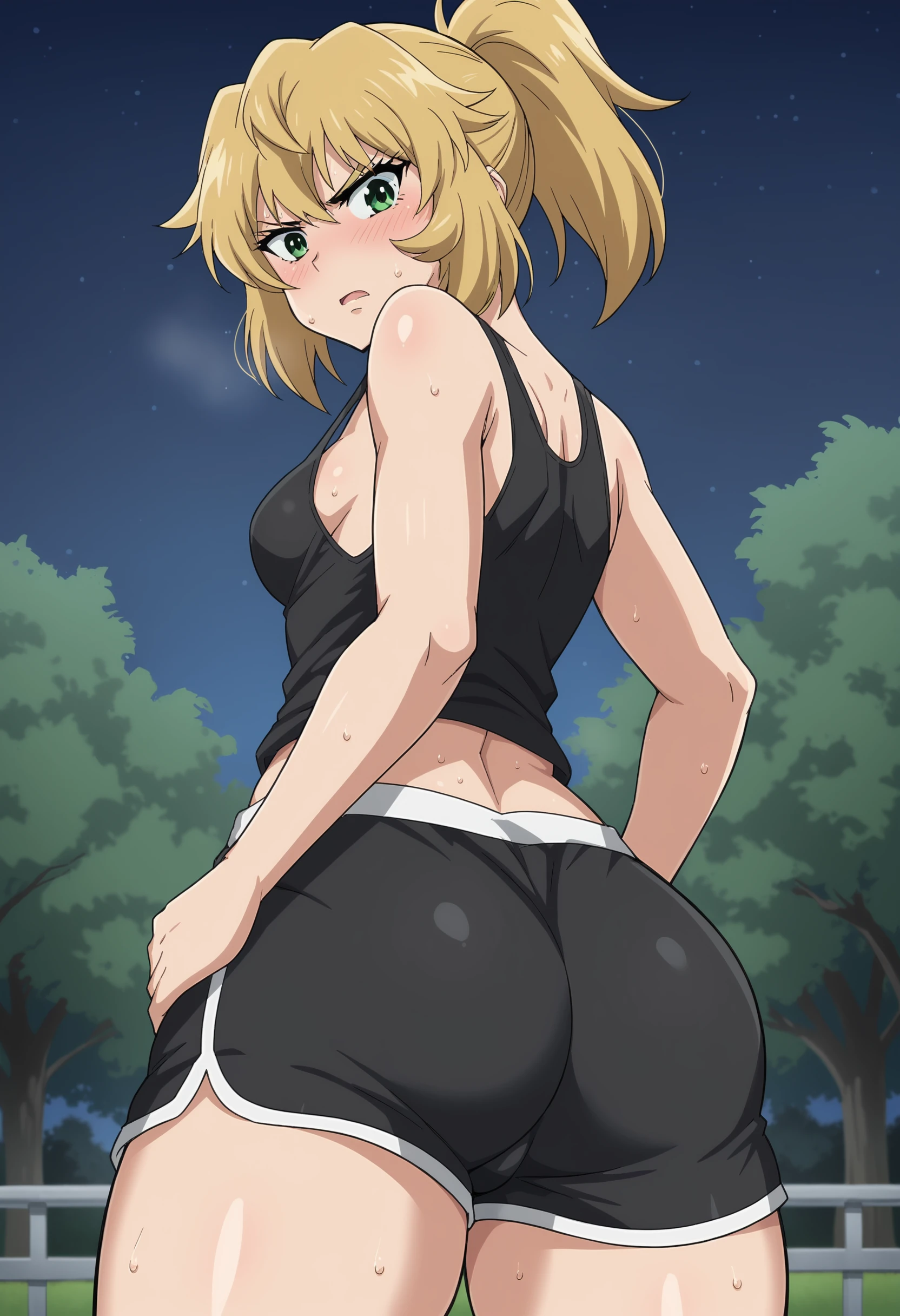 EBMayuko, 1girl, blonde hair, shirt, cleavage, closed mouth, green eyes, jacket, upper body, ponytail, small breasts, frown, dolphin shorts, black shorts, short shorts, tank top, black tank top, outdoors, park, night sky, sweat, blush, thick thighs, looking at viewer, open mouth, from behind, ass, looking back, angry, from below, looking down, cropped legs, 
 <lora:xl_more_art-full_v1:0.8>,  <lora:MayukoNise-05:0.9>