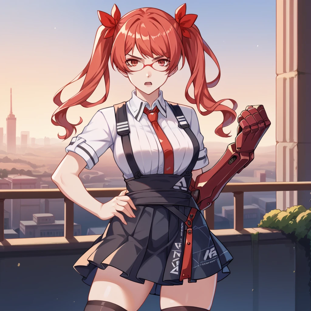 score_9_up, score_8_up, score_7_up, source_anime, masterpiece, best quality, 1girl, solo, Tesla, Tes_EVA, standing on rooftop, standing, hand on hip, looking at you, annoyed, half opened mouth, twintails, single mechanical arm, red glasses, red-framed eyewear, red hair, collared shirt, white shirt, pleated skirt, short sleeves, suspenders, black skirt, red necktie, black gloves, mismatched gloves, black thighhighs, thighs, thigh boots, hair ribbon, red ribbon, mature body, dynamic cowboy shot, indoors, cityscape background