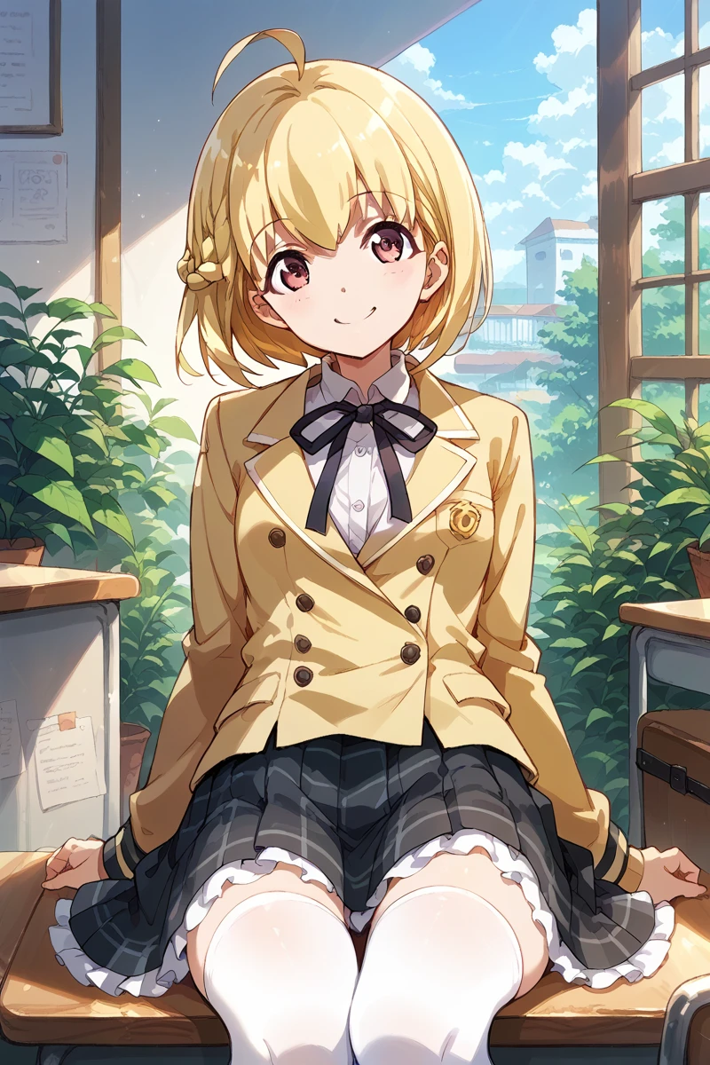 score_9, score_8_up, score_7_up, score_6_up, 1girl,
 <lora:Michiru_Otori:0.9> michiru, blonde hair, ahoge, solo, skirt, school uniform, neck ribbon, buttons, ribbon, frilled skirt, smile, looking at viewer, braid, short hair, black ribbon, white thighhighs