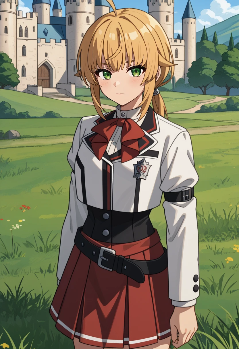 score_9,
<lora:MushokuTensei_NornGreyratXL:0.8>, NornGreyrat,
1girl, solo, closed mouth,
blonde hair, green eyes, ahoge, low ponytail,
NornSchool, blazer, cropped jacket, white jacket, red bowtie, arm belt, black corset, buttons, pleated skirt, red skirt, black belt, long sleeves,
standing, looking at viewer, thigh gap,
outdoors, medieval, castle, grass