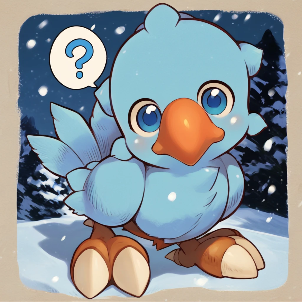 score_9, score_8_up, score_7_up, source_anime BREAK
winter background, ice, snowing, snow
ch0c0b0, light blue feathers, orange beak, light blue eyes, light bluewings, light bluetailfeathers, bird feet, white talons, light blue bird tail, chibi, bird
sitting, head tilt, spoken question mark, 
 <lora:Cute_Chocobo:1>
detailed background, beautiful scenery
<lora:add-detail-xl:1>