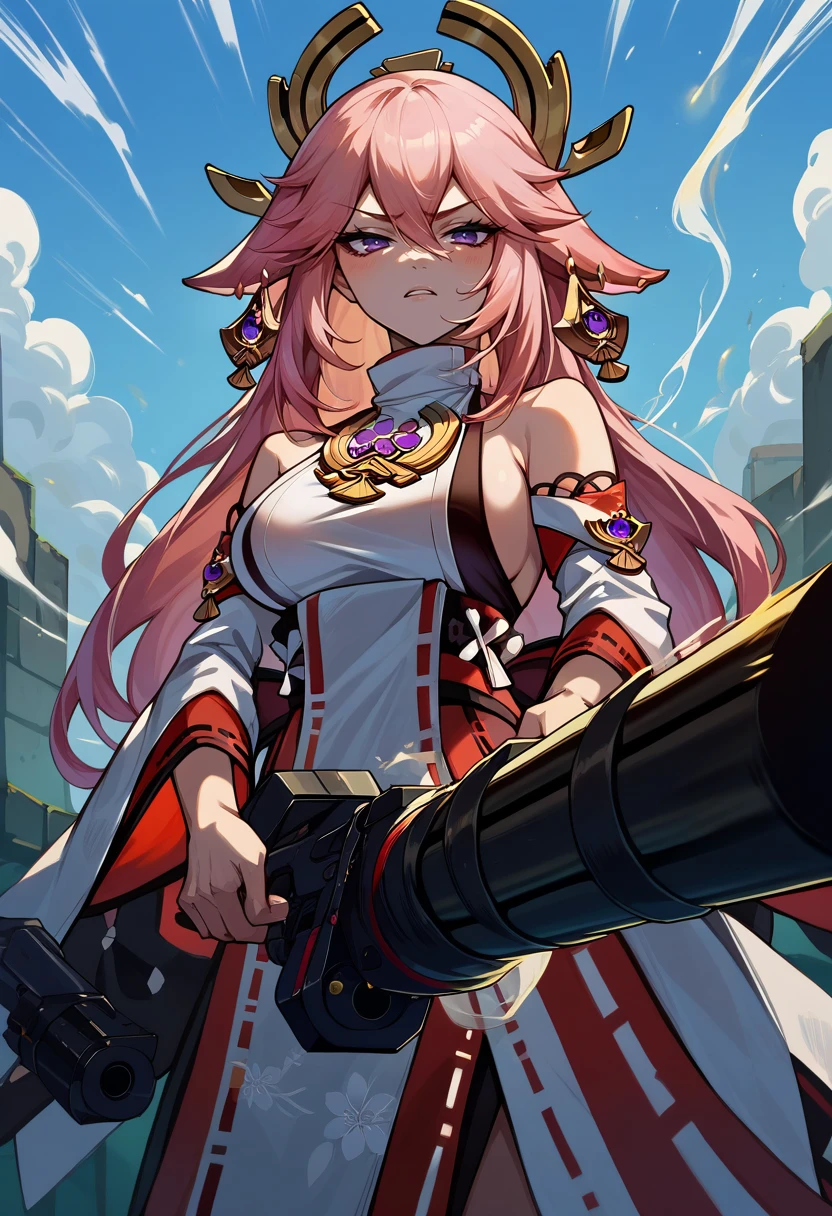 score_9, score_8_up, score_7_up, gatling gun, holding gatling gun, [:smoke, firing:0.25],  <lora:GatlingGun_pdxl_Incrs_v1:1>, yae miko,