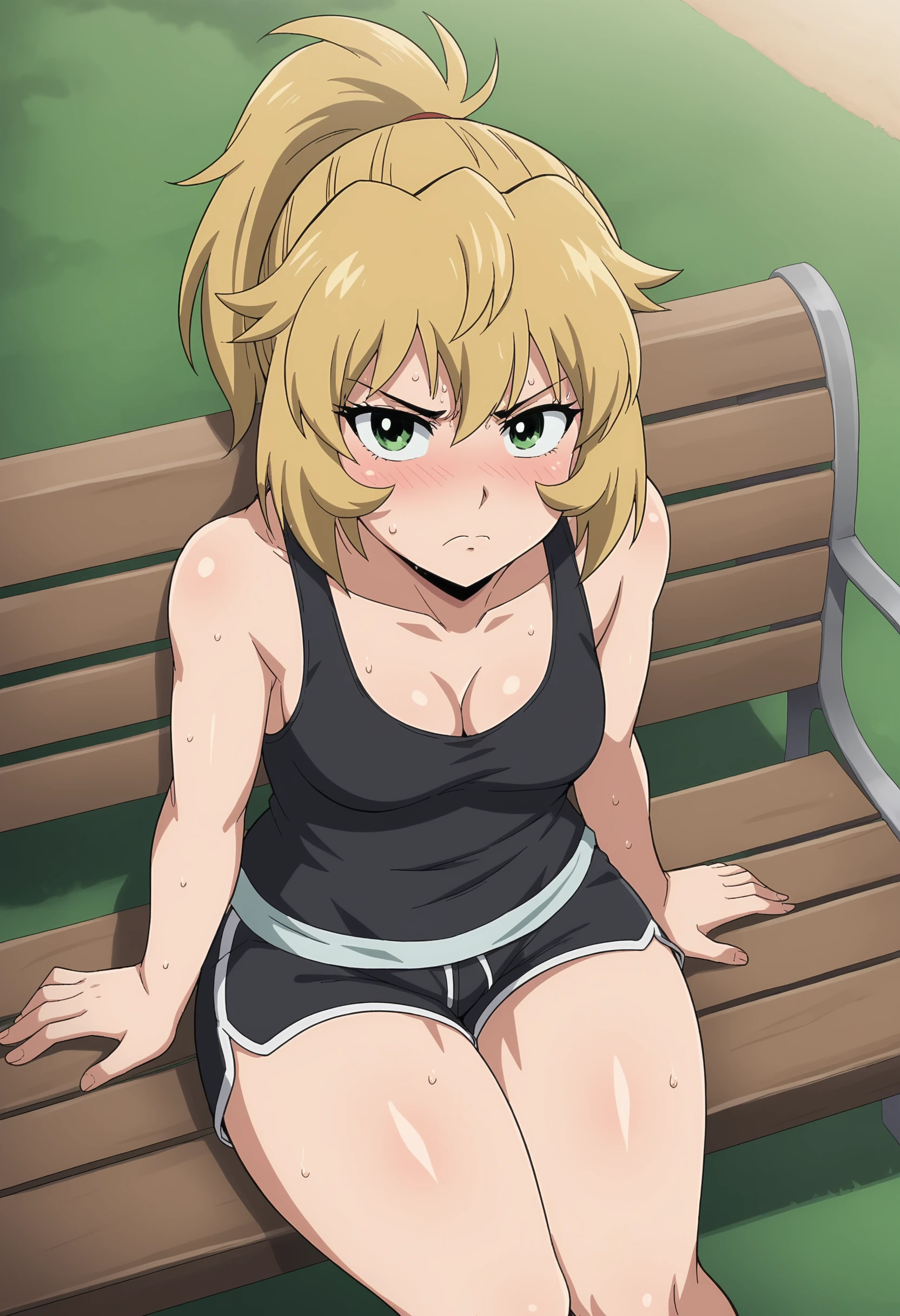 EBMayuko, 1girl, blonde hair, shirt, cleavage, closed mouth, green eyes, jacket, upper body, ponytail, small breasts, frown, dolphin shorts, black shorts, short shorts, tank top, black tank top, outdoors, park, sitting, park bench, on bench, from above, arm support, sweat, blush, thick thighs, looking at viewer,
 <lora:xl_more_art-full_v1:0.8>,  <lora:MayukoNise-05:0.9>