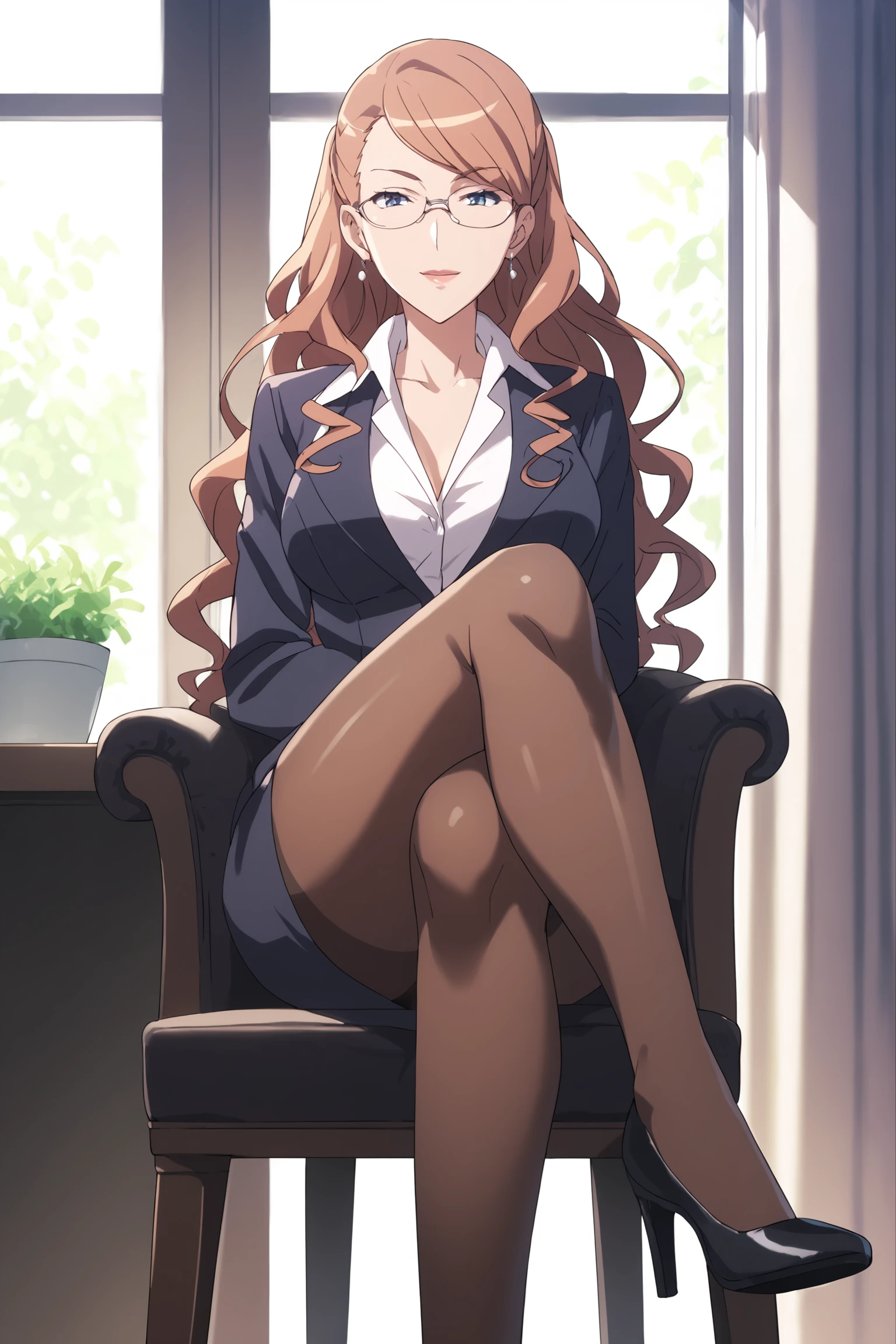 therestina kihara lifeline, brown hair, long hair, wavy hair, blue hair, glasses, thterestinasuit, suit, formal, white shirt, collared shirt, black jacket, black skirt, pencil skirt, brown pantyhose, high heels, <lora:Therestina_Kihara_Lifeline:0.8>, score_9, score_8_up, score_7_up, score_6_up, score_5_up, source_anime, rating_safe, medium breasts, indoors, office, 1girl, solo, looking at viewer,  <lora:age_slider_v4:3>, (full body:1.2), sitting on chair, crossed legs