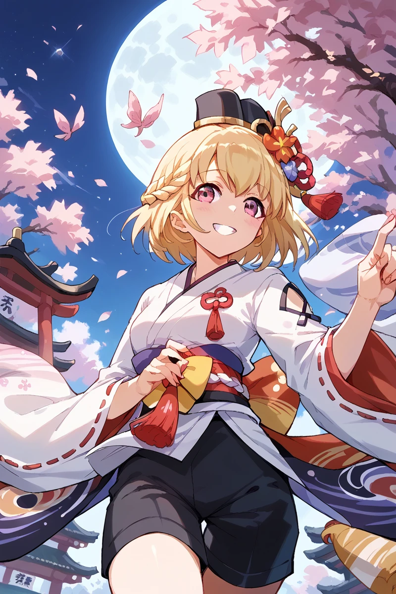 score_9, score_8_up, score_7_up, score_6_up, 1girl,
 <lora:Michiru_Otori:0.9> michiru, blonde hair, solo, japanese clothes, moon, smile, braid, flower, wide sleeves, short hair, cherry blossoms, kariginu, onmyoji, black shorts, headwear