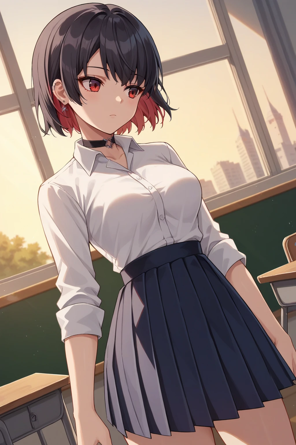 score_9, score_8_up, score_7_up, source_anime, 1girl, prefect lighting, very aesthetic, intricate details, highly detailed background, masterpiece, high quality, prefect hands, best quality, solo,
<lora:Ellen_Joe_ZZZ_V1:.85>, KJOellen, short hair, multicolored hair, black hair, red eyes, ear piercing, 
school uniform, white collared shirt, black pleated skirt, choker, 
cowboy shot, dutch angle, shrugging, looking to the side, head tilt, 
classroom, windows, dawn,
(Beautiful, medium Breasts:1.2), natural breasts,