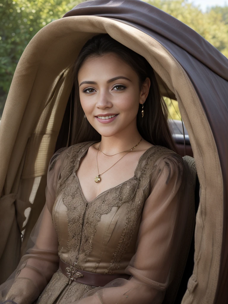(RAW, analogue, Nikon Z 14mm ultra-wide angle lens, award-winning glamour photograph, ((best quality)), ((masterpiece)), ((realistic)), skin pores, subsurface scattering, radiant light rays, high-res, detailed facial features, high detail, sharp focus, smooth, aesthetic, extremely detailed, (extremely detailed eyes, extremely detailed iris), extremely detailed hair, extremely detailed skin, extremely detailed clothes, octane render, photorealistic, realistic, post-processing, max detail, realistic shadows, roughness, natural skin texture, real life, ultra-realistic, photorealism, photography, 8k UHD, photography, hdr, intricate, elegant, highly detailed, sharp focus, stunning, beautiful, gorgeous), (photorealistic), (realistic), it41i4, full body, brown hair, brown eyes, looking at viewer, Victorian hairstyle, Victorian dress, jewelry, necklace, earrings, smile, outdoors, horse, carriage, grassy hills, oak tree, fog, <lora:Italia_Ricci_PMv1b_LoCon_768:1.3>