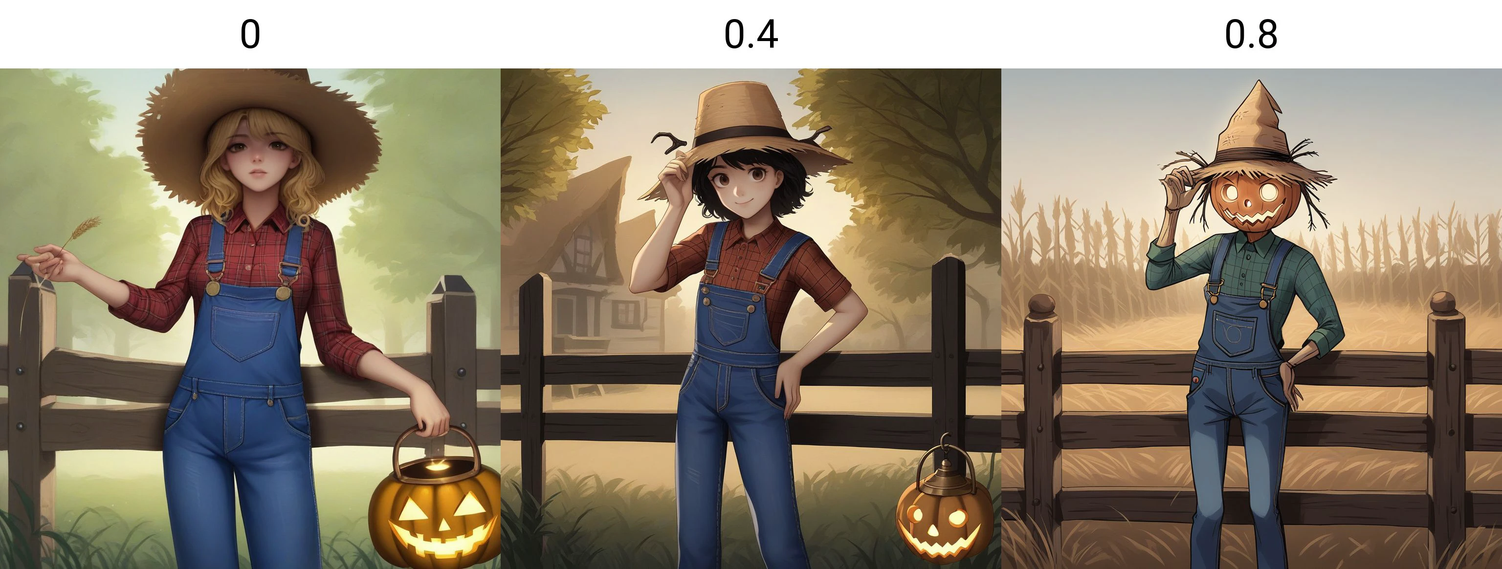 score_9, score_8_up, score_7_up, score_6_up, score_5_up, score_4_up, zPDXL2,source_anime,rating_questionable, <lora:Cozy_Spooky:0> sp00k, scarecrow, jack o lantern head, plaid shirt, overalls, straw, outdoors, lantern