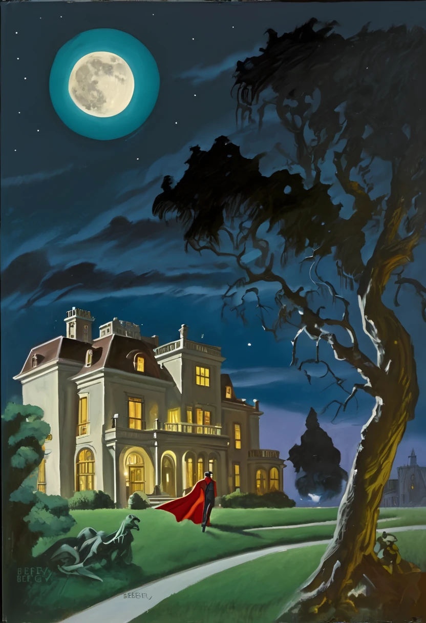 a painting, a vampire, prowling about a mansion, moon high in sky, at night, by Earle Bergey