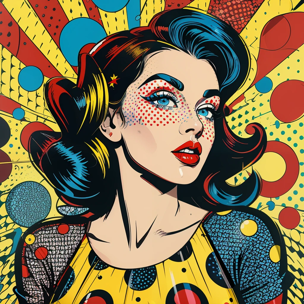 Create a vibrant pop art image of a woman with striking blue eyes, black wavy hair, and bright red lips. She is adorned in a yellow polka dot dress with red dots. The background features dynamic blue and red circles, enhancing the lively atmosphere. A whimsical touch is added with a yellow straw sticking out of her hair. Render this scene with high-contrast colors, sharp lines, and a retro pop art style, reminiscent of Roy Lichtenstein. Emphasize bold outlines and a flat, comic-like aesthetic to capture the energetic and playful spirit of pop art.