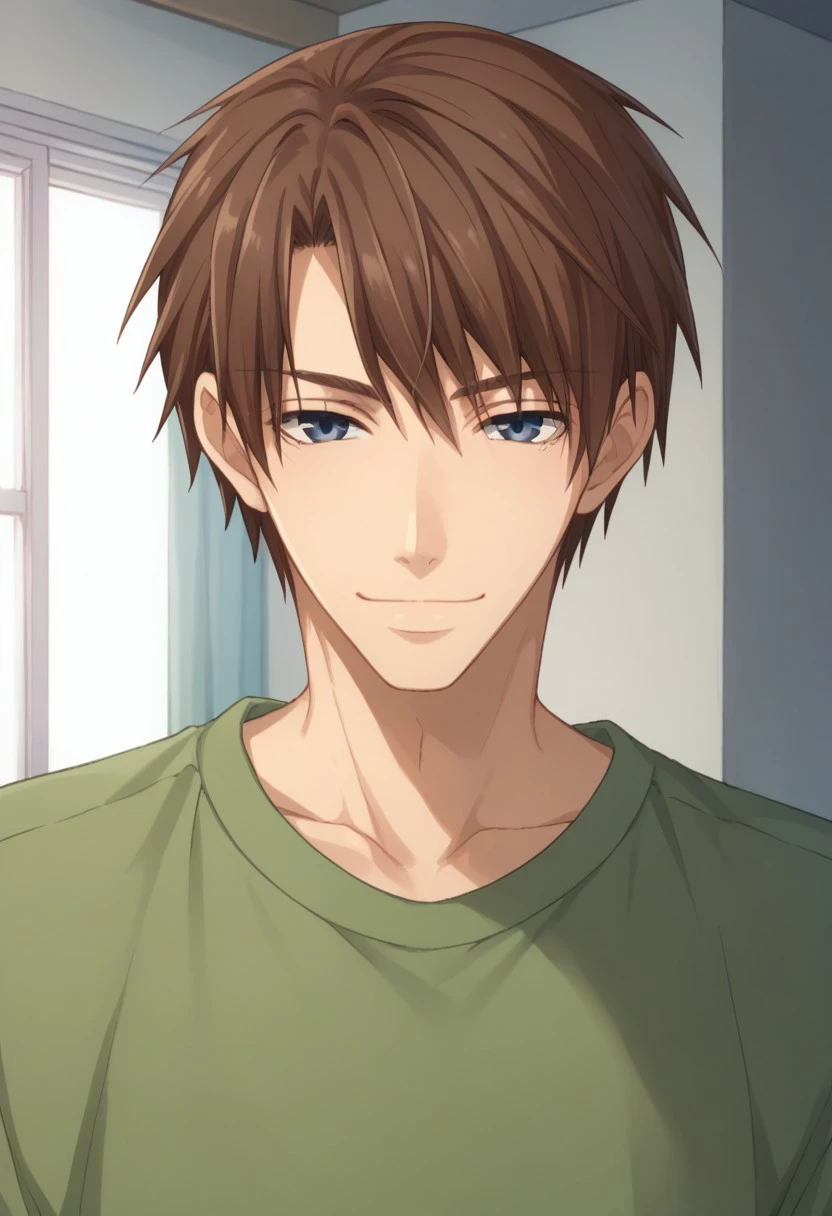 score_9, score_8_up, score_7_up, source_anime, highly detailed, 
hatori, 1boy, male focus, solo, brown hair, smile, shirt, indoors, looking at viewer,
green shirt, collarbone, closed mouth, blue eyes,