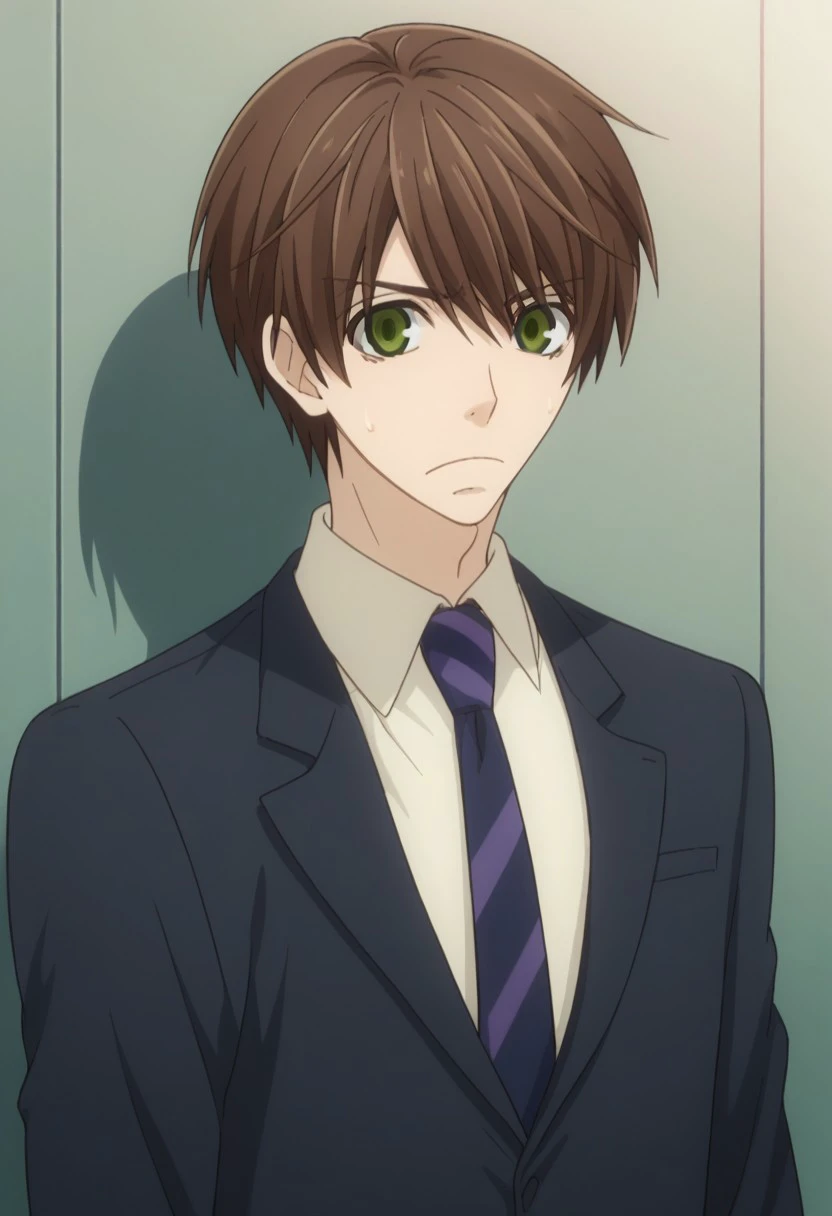 score_9, score_8_up, score_7_up, source_anime, highly detailed, 
ritsuonodera, 1boy, male focus, brown hair, necktie, green eyes, solo, formal, suit, sweatdrop, looking at viewer, upper body, collared shirt, striped necktie,
indoor, frown