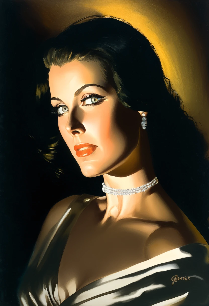 a painting, a portrait of a rich woman, sexy, eyes open, modern, dramatic lighting, by George Gross