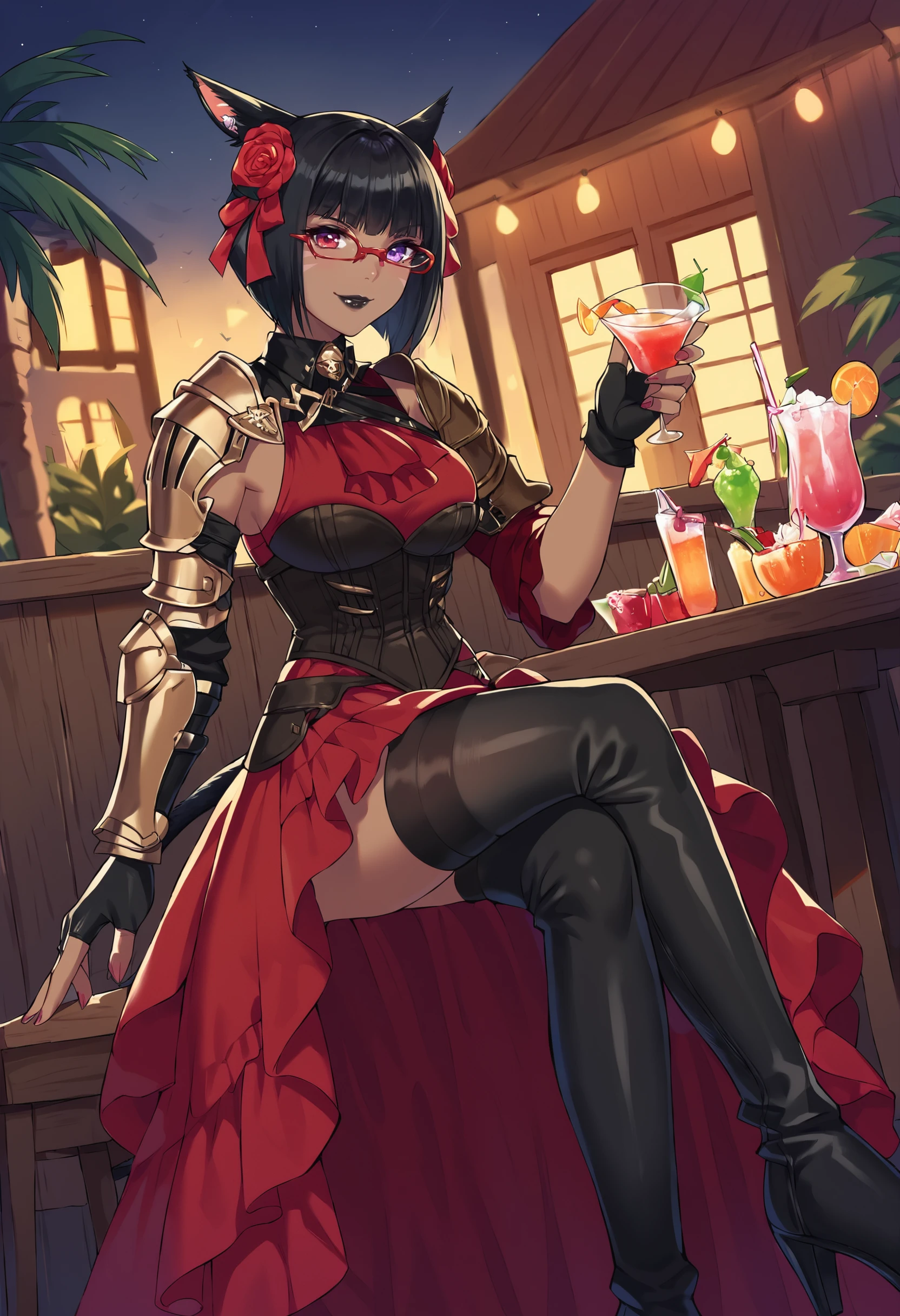 1 mature female solo, long brown hair, red eye, golden hair accessories, ((red eyepatch)), red cape, white fur collar, black and red outfit, black fingerless gloves, long black stockings, dynamic pose, cinematic shot, cinematic light, in a tavern, lots of bottles, bottle of wine, glass of wine