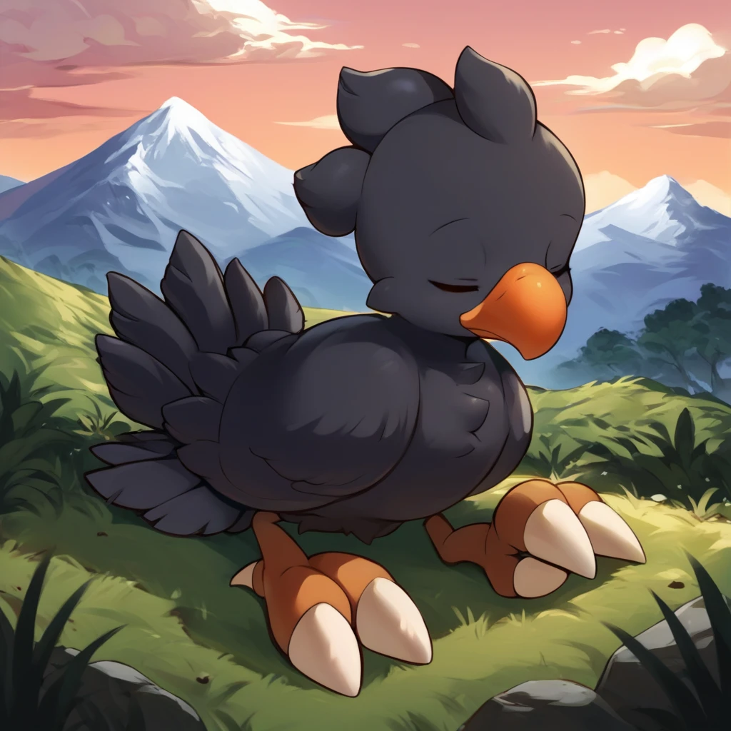 score_9, score_8_up, score_7_up, source_anime BREAK
mountain, rocks, cloudy sky, tall grass
ch0c0b0, black feathers, orange beak, black wings, black  tailfeathers, bird feet, white talons, black bird tail, chibi, bird
sitting, closed eyes, asleep, sleeping, solo
 <lora:Cute_Chocobo:1>
detailed background, beautiful scenery
<lora:add-detail-xl:1>