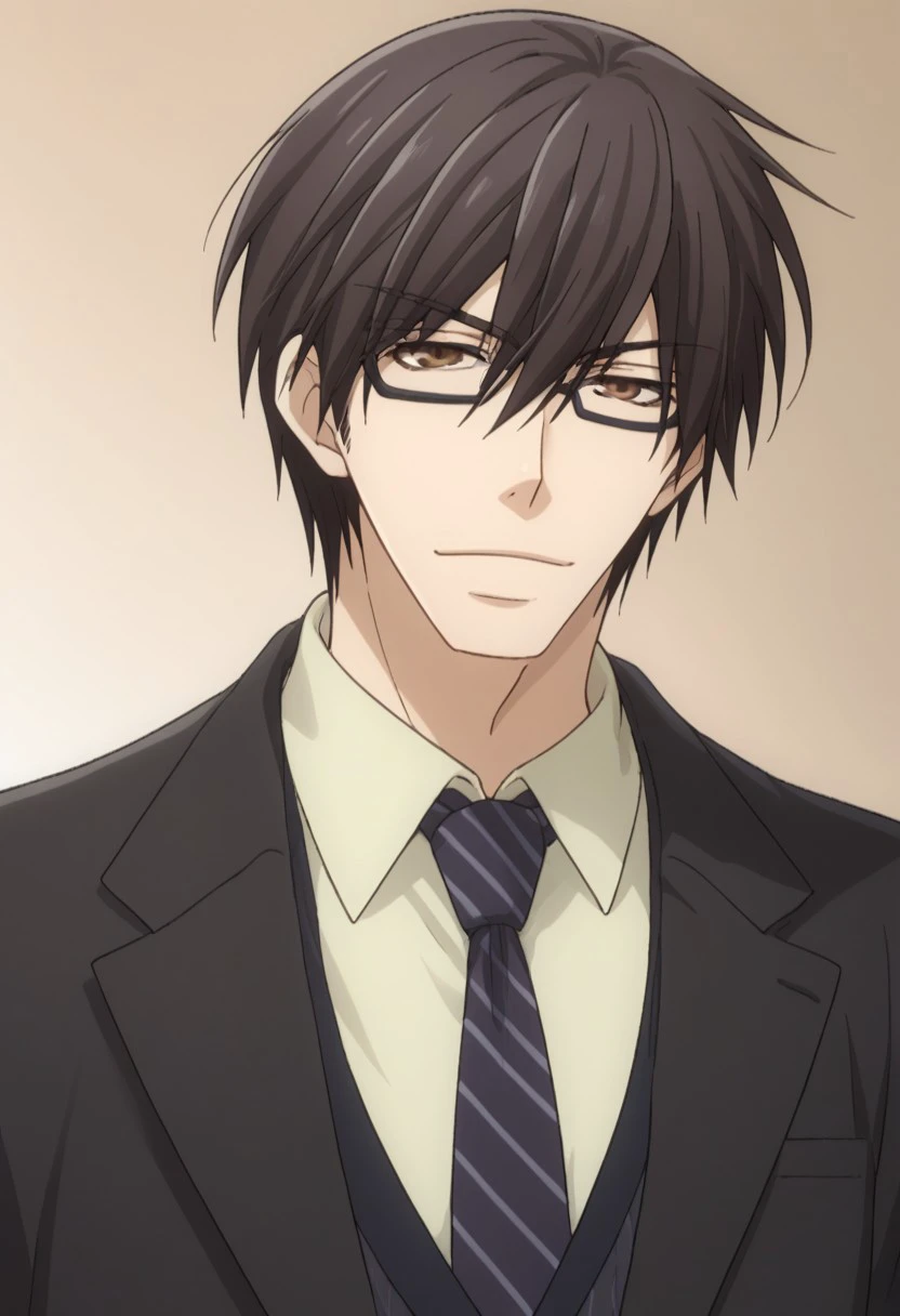 score_9, score_8_up, score_7_up, source_anime, highly detailed, 
takano, 1boy, male focus, solo, brown eyes, black hair, upper body, hair between eyes, formal, suit, necktie, jacket, glasses, smirk,