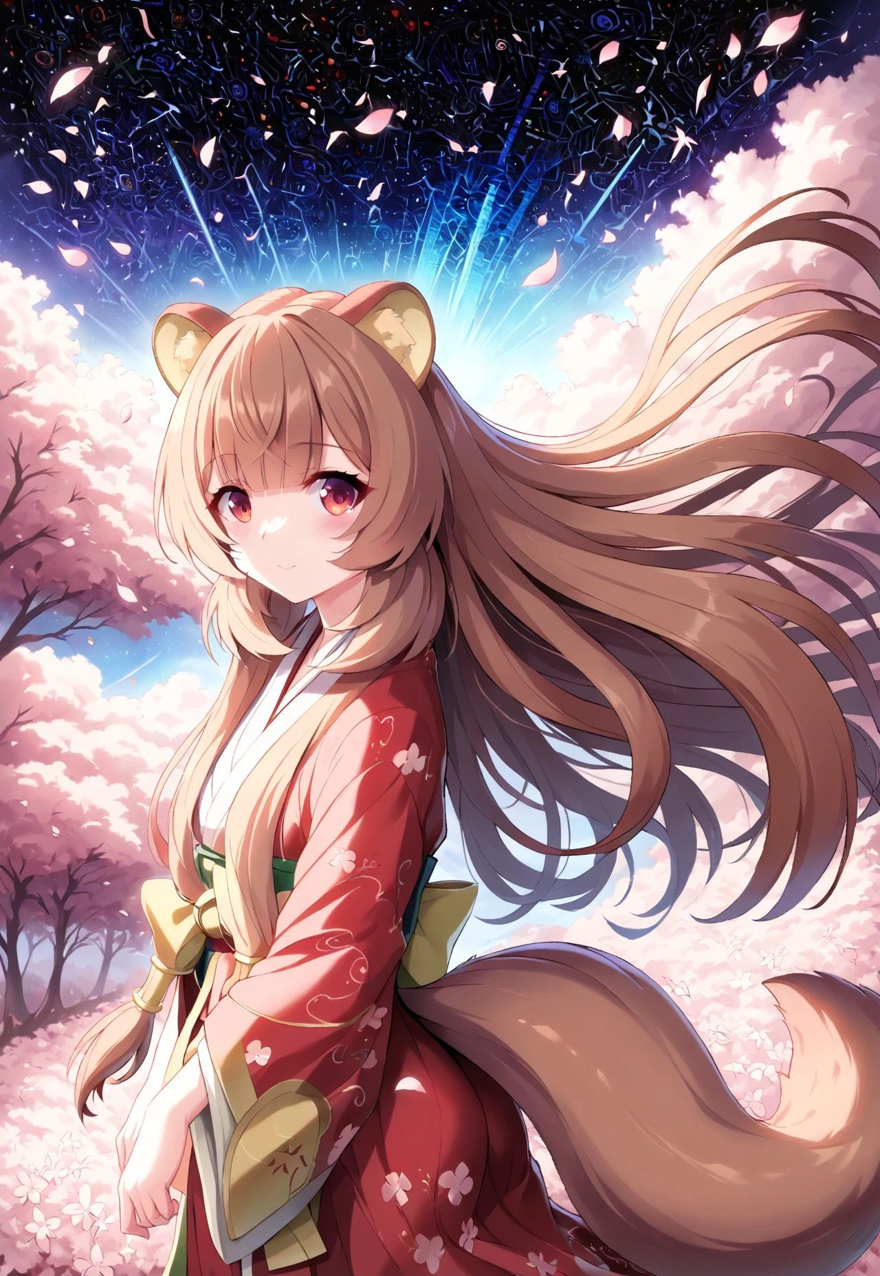 raphtalia, red eyes, brown hair, raccoon girl, long hair, raccoon ears, raccoon tail, eye catching, masterpiece, best quality, (Highest picture quality),(Master's work),(Detailed eye description),(8K wallpaper)(De-tailed face description),extreme detailed,(fractal art:1.3),colorful,highest detailed ,colorful,1girl, white and red kimono, miko kimono, Iridescence red eyes, Windswept Disheveled orange brown hair, long hair,hair between eyes, hair ornaments,red raccoon ears, red raccoon tail, raphtalia, Iridescence and rainbow dress, blush,outdoors,cherry blossoms, falling petals, night,starry sky,hyper detailed Background,