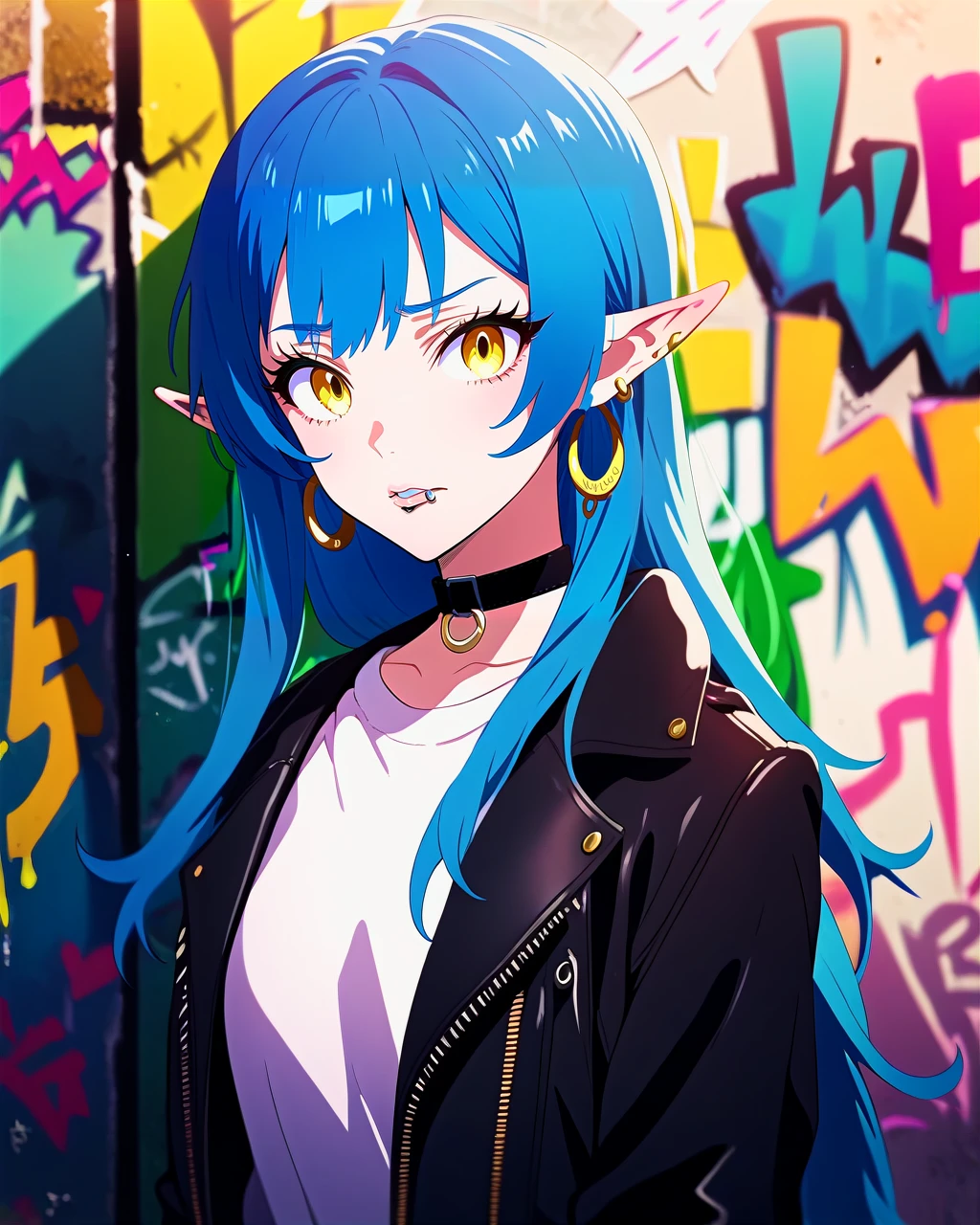 score_9,score_8_up, score_7_up, elf woman with blue hair, upper body, choker, black leather jacket, white t-shirt, hoop earrings, lip ring, long hair, yellow eyes, graffiti wall