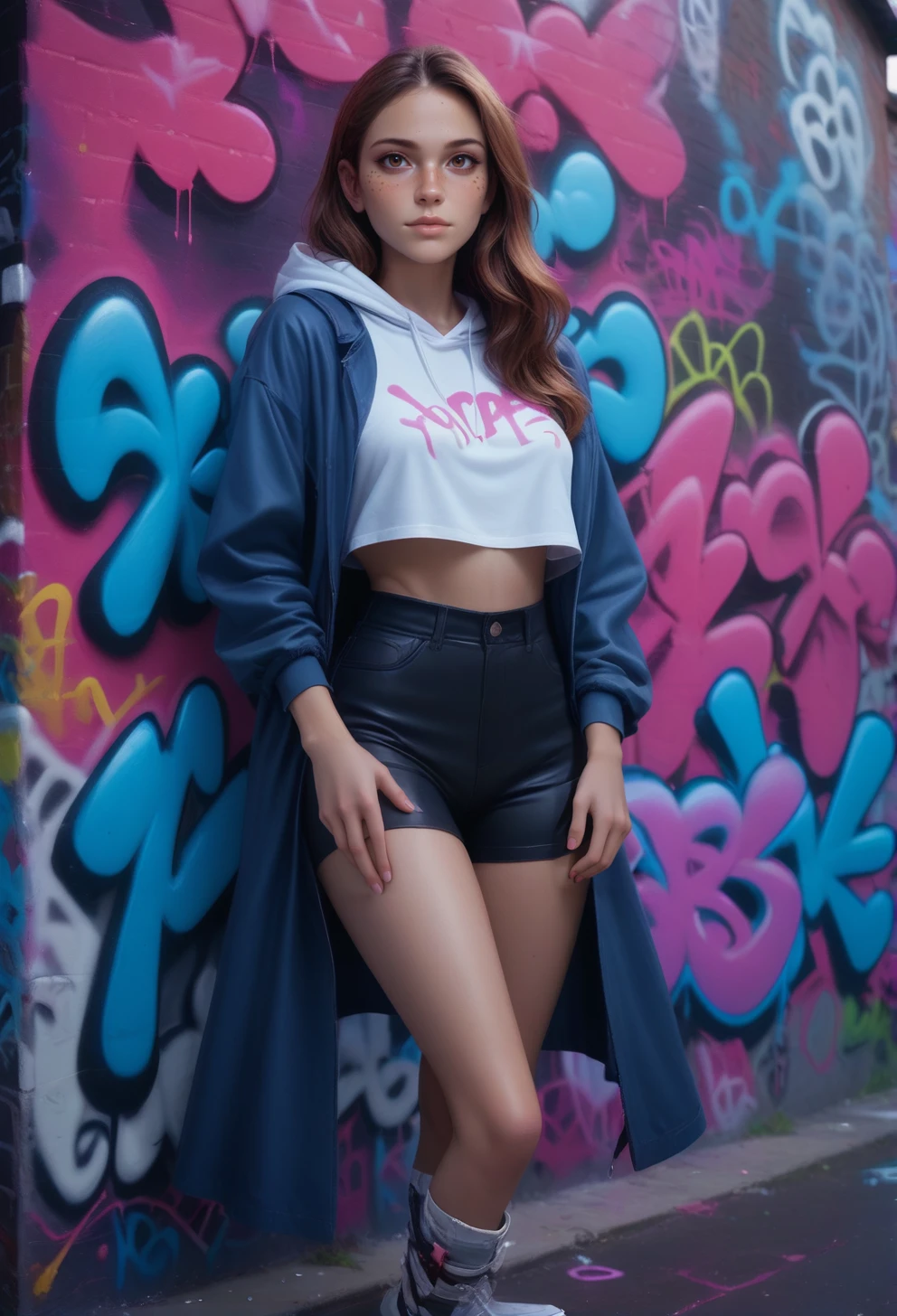 score_9, score_8_up, score_7_up, score_6_up, score_5_up, score_9, score_8_up, score_7_up, score_6_up, score_5_up, 1woman, soft freckles, long hair, brown hair, graffiti street style, dolleijpony02 <lora:DolleijPONY02-000003:0.7>