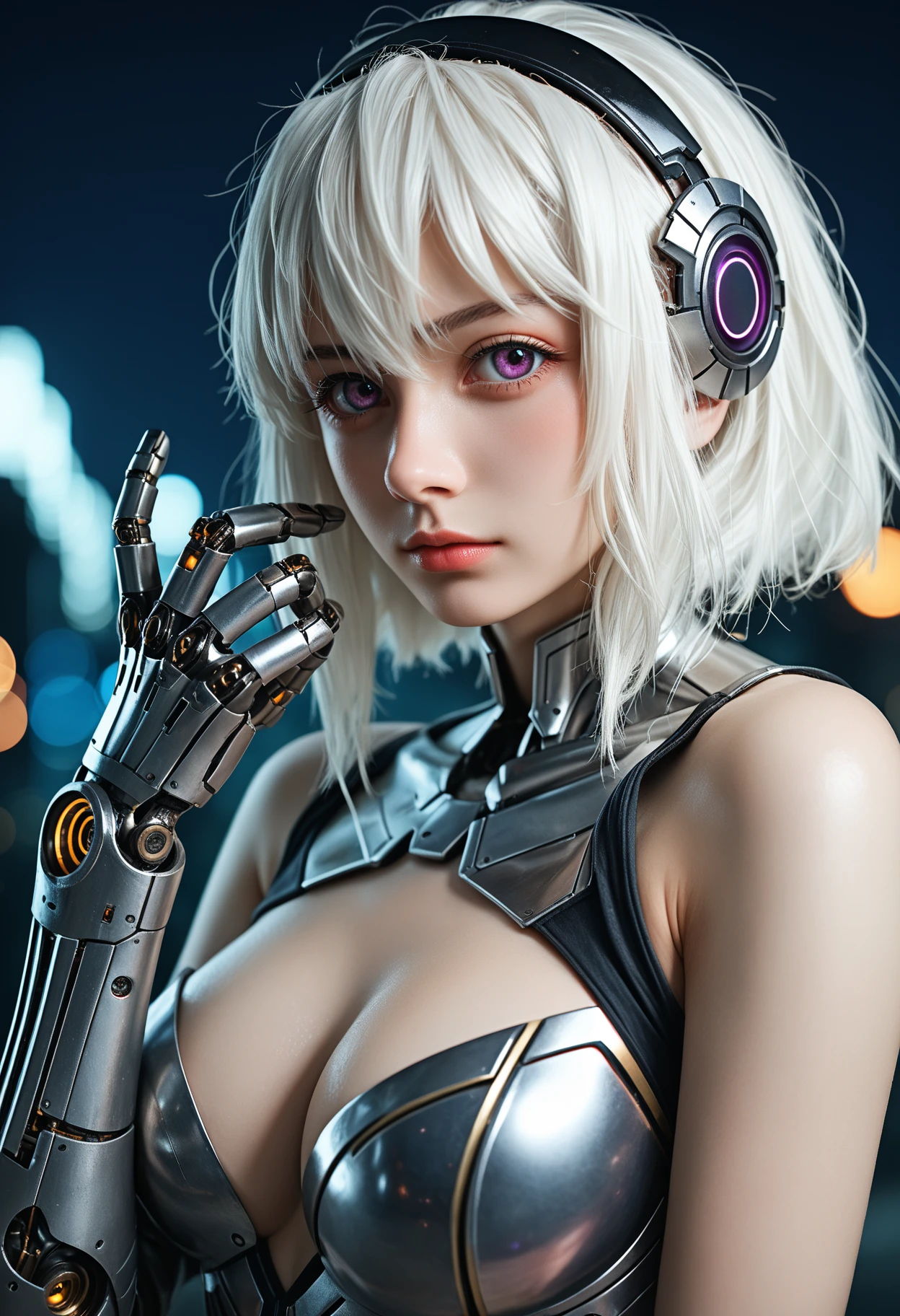 1girl,solo,looking at viewer,medium hair,bangs,hairband,purple eyes,hair ornament,hair between eyes,white hair,fluffy hair,large_breasts,blush shy,shiny_skin,very detailed clothes,very realistic textures,very detailed textures,longeyelashes,brown eye shadow,
night,dim light,cyberpunk,mechanical arm,sci-fi style clothes,hair_tucking,metal material,realistic metallic texture,hands,raise your hand,, cinematic film still,score_9,score_8_up,score_7_up,dramatic lighting,(realistic:1.3),highly detailed,high budget,bokeh,cinemascope,moody,epic,gorgeous,film grain,grainy,masterpiece,best quality,perfect anatomy,very aesthetic,official art,8k,