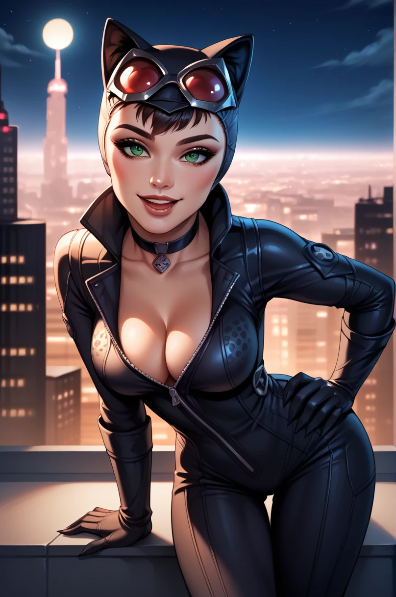 score_9, score_8_up, score_7_up, score_6_up, source_anime, BREAK masterpiece,<lora:ArkhamCity_-_Catwoman:0.9>, CatArkhamCity,helmet, googles on headwear, green eyes, looking at viewer, cat ears, bodysuit, cleavage, choker, seductive smile, night, rooftops, breasts, gloves, hand on own hip, cowboy shot, breasts, cityscape, open mouth, leaning forward,