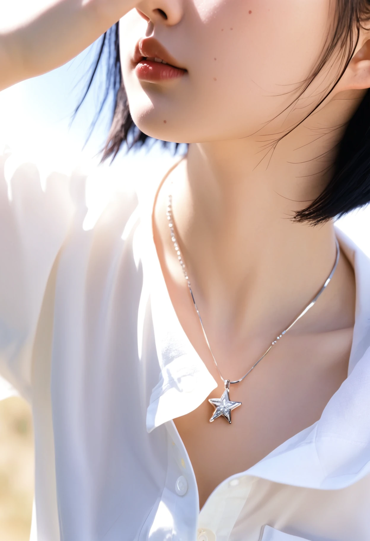 close up,face shot,a asian girl wearing a necklace,tilts her head slightly downward,1 asian girl,solo,necklace,white shirt,a gentle breeze ruffling her short hair,the necklace glinting in the sunlight,resembling a shining star.,