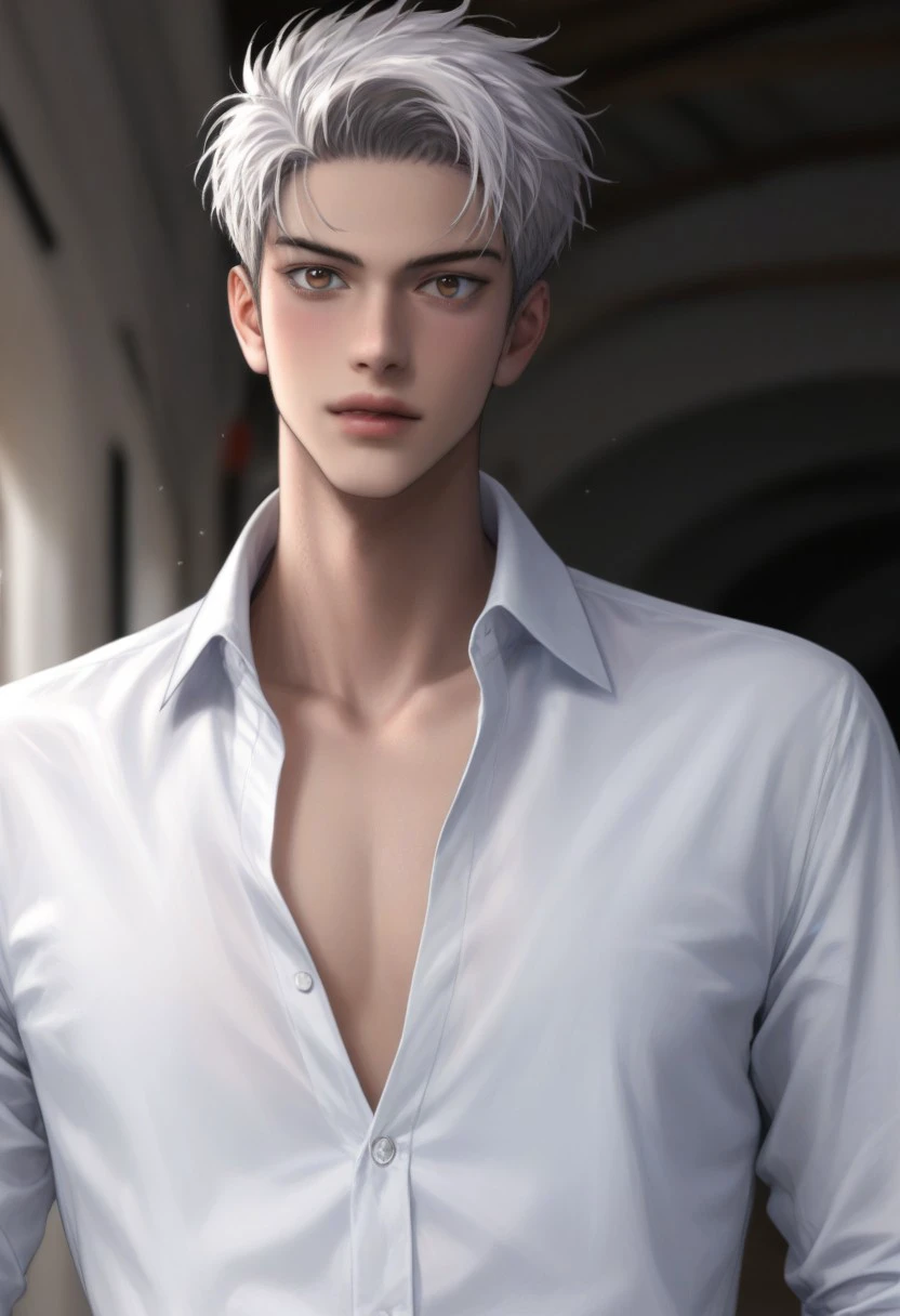 score_9, score_8_up, score_7_up, anime, 19 year old , ((rating PG, 1boy, solo, fullcolor)), male focus, slim toned male, 1boy, asahikawa_(KNG), solo, male focus, toned male, slim male, white hair, short hair, slim face, tall, manly, short hair, pale skin, brown eyes, slim face, blond, ((toned, broad shoulders, masculine jawline, slender, athletic, solo)), ((close up, white photoshoot, white filming, decorations, collared shirt, fully clothed, clothed)), white hair, Macro detailed realism style photograph, soft lighting, 1man, restraining viewer, chest close to viewer, soft bright lighting, front view, chest view, role as top, masculine