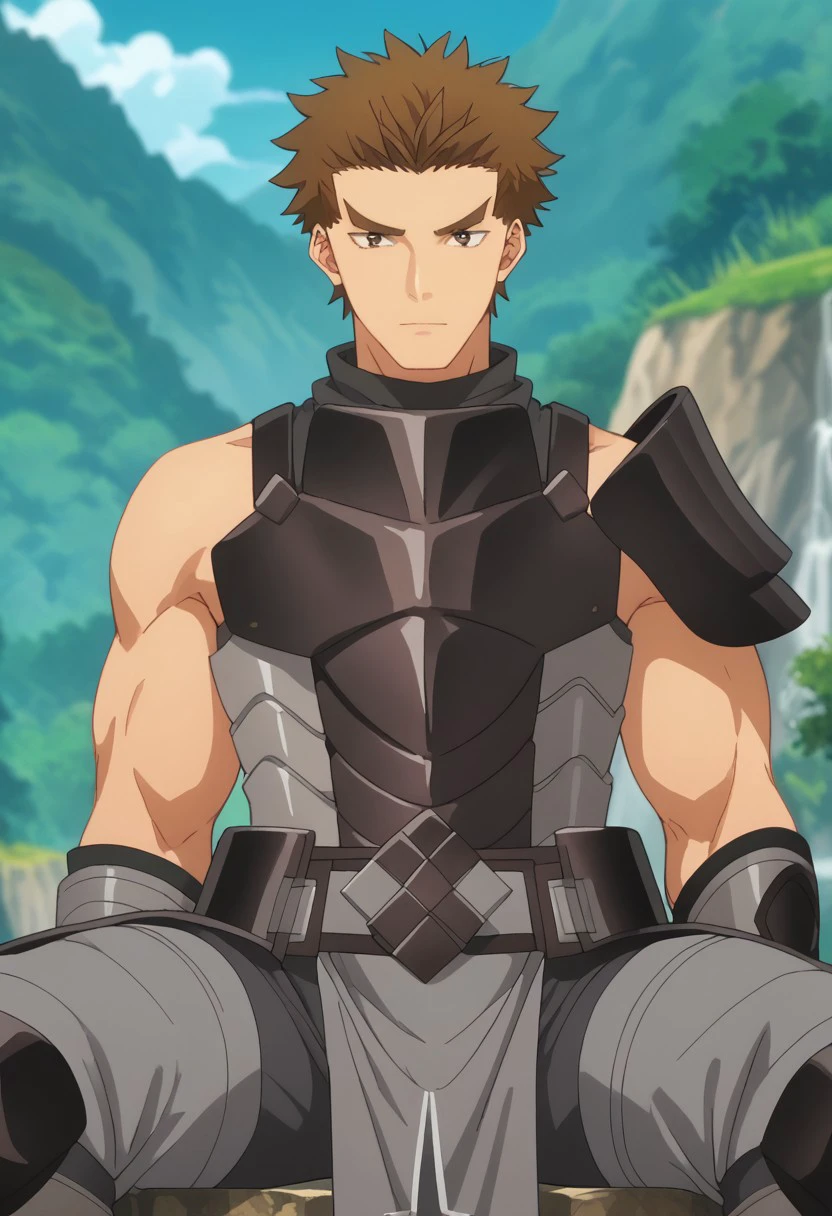 score_9, score_8_up, score_7_up, source_anime, rating_safe, Dragofuri, 1boy, male focus, anime screencap, dark grey armor, dark grey turtleneck,  dark grey pauldron, dark grey gauntlet, grey pelvic curtain, dark grey pants, sitting,