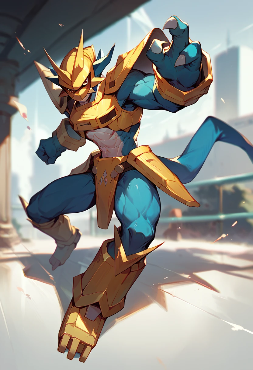 score_9, score_8_up, score_7_up, score_6_up, source_furry, solo, blurred background, dof,  full-length portrait, white background,  <lora:DIGIMON_MAGNAMON:1> magnamon, golden armor, blue body, abs, action pose, cinematic, blurred background, dof,