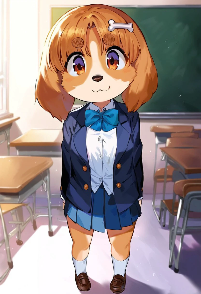 Solo, 1girl, female, young, small body, shortstack, cute face, furry, dog ears, dog tail, dog girl, breast, body fur, bone hair ornament, brown hair, brown eyes, animal nose, bangs, thick eyebrows, short hair, detailed eyes, detailed skin, detailed eyes, perfect face, timid, BREAK school uniform, jacket, long sleeves, open jacket, collared shirt, socks, bowtie, pleated skirt, miniskirt, shoes, BREAK classroom, indoors, school, standing in front of blackboard, colorful, looking at viewer, front view, dutch angle, BREAK ((ultra-detailed)), ((best quality)), ((best quality)), ((beautiful eyes)), ((extremely detailed)), 4K, (8K), best quality, (beautiful), Master piece, highres, score_9, score_8_up, score_7_up, score_6_up, score_5_up, score_4_up, colorful, best quality, official art, highres, masterpiece, nai3, god light, detailed background, high quality background,