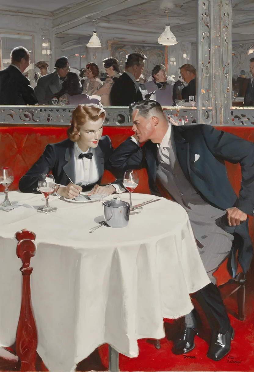 a painting, a couple sitting at a table in a restaurant, by Tom Lovell, sharp details, romantic, soft lighting