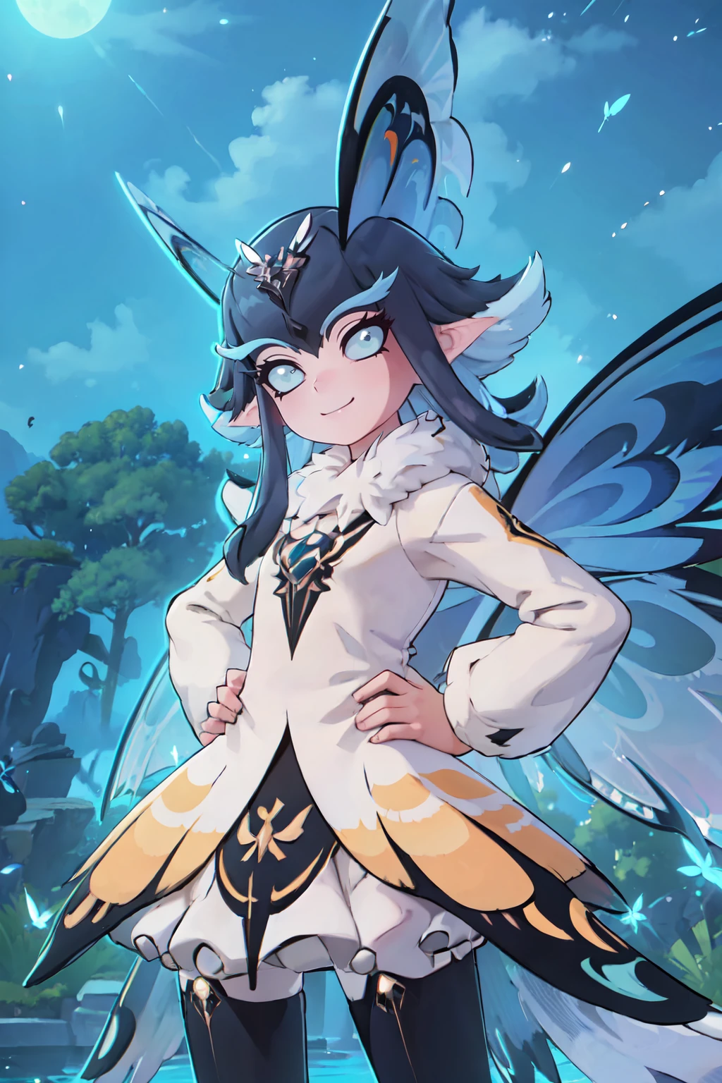 ((masterpiece,best quality)), absurdres,  BREAK, , <lora:Phantomfly_Azur:0.7>,     zzPhantomfly, looking at viewer, smile, fur collar, dress, wings, night, hands behind back, butterfly wings, , BREAK, hip to the side, hand on hip, contrapposto,, BREAK, solo, smile, looking at viewer, cowboy shot,