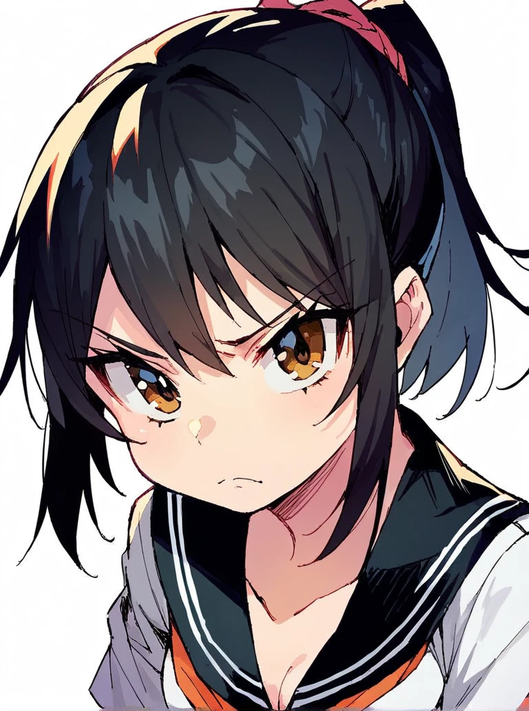 score_9, score_8_up, score_7_up, 
1girl, hirose maki, black hair, ponytail, brown eyes,
small breasts, 
serafuku, short sleeves, frown, looking at viewer, white background, 