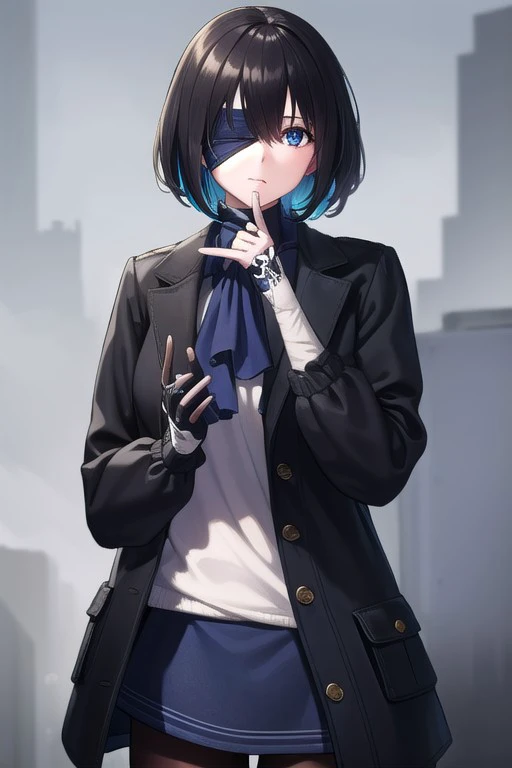 hm2b, black blindfold, covered eyes, mole under mouth, 
BREAK anklet, ascot, black jacket, blue ascot, blue collar, blue footwear, blue skirt, brown pantyhose, buttons, collar, jacket, jewelry, long sleeves, miniskirt, multicolored clothes, multicolored jacket, open clothes, open jacket, pantyhose, plaid, plaid skirt, pleated skirt, pocket, puffy long sleeves, puffy sleeves, red ribbon, ribbon, ring, shirt, skirt, striped, striped shirt, thighlet, two-tone jacket, vertical stripes, vertical-striped shirt, (white shirt:1.5),
BREAK looking at viewer, upper body, full body,
BREAK outdoors, city, sky,
BREAK <lyco:GoodHands-beta2:1>, (masterpiece:1.2), best quality, high resolution, unity 8k wallpaper, (illustration:0.8), (beautiful detailed eyes:1.6), extremely detailed face, perfect lighting, extremely detailed CG, (perfect hands, perfect anatomy),