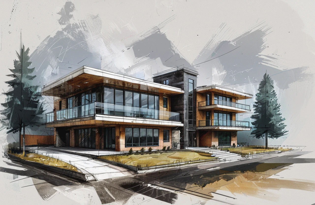 a modern building, house concept design, rough color sketch style, concept design, rough sketch, color sketch, <lora:rough color sketch style:0.7>