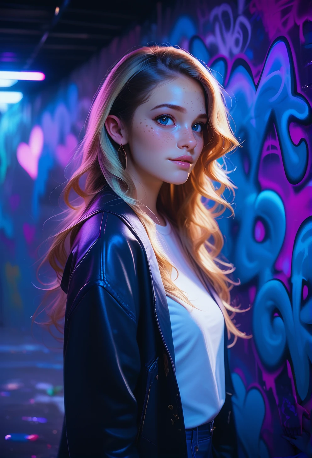 score_9, score_8_up, score_7_up,realistic, film photography,film grain,best quality, masterpiece, dimmed lights, cinematic lighting, dreamy, 1woman, 24yo woman, soft freckles, long hair, graffiti street style, dolleijpony02 <lora:DolleijPONY02-000003:0.75>